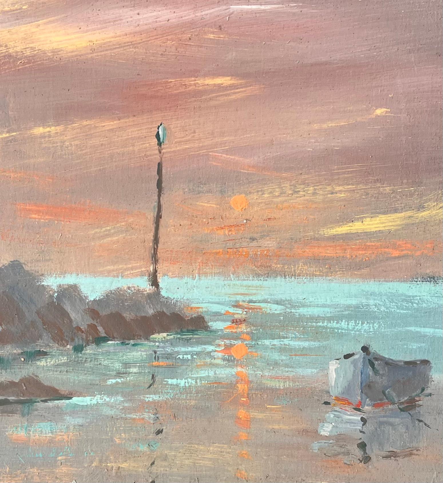 Französische impressionistische Sonnenuntergang- Meereslandschaft mit Boot und Leuchtturm- Marker im Angebot 2