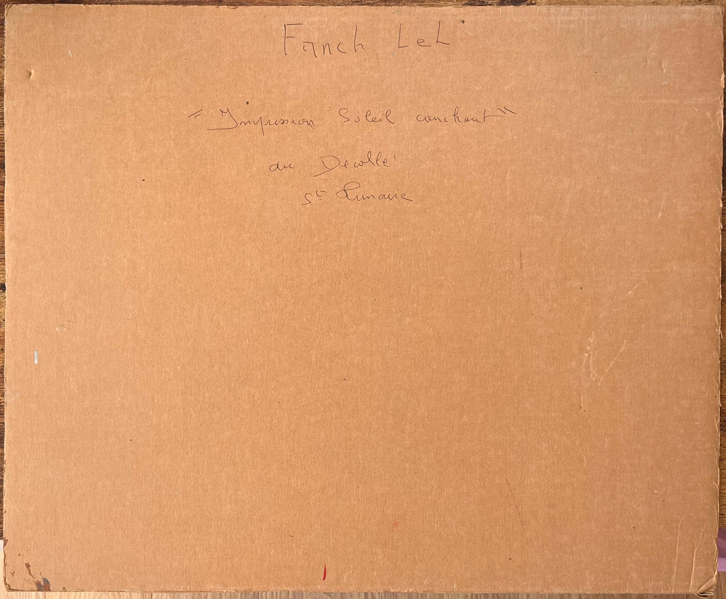 Französische impressionistische Sonnenuntergang- Meereslandschaft mit Boot und Leuchtturm- Marker im Angebot 3