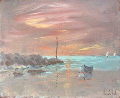 Vintage French Impressionist Sunset Seascape with Boat and Lighthouse Marker