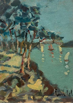 French Impressionist Tall Trees Over The Sailing Boat Riverbank Landscape