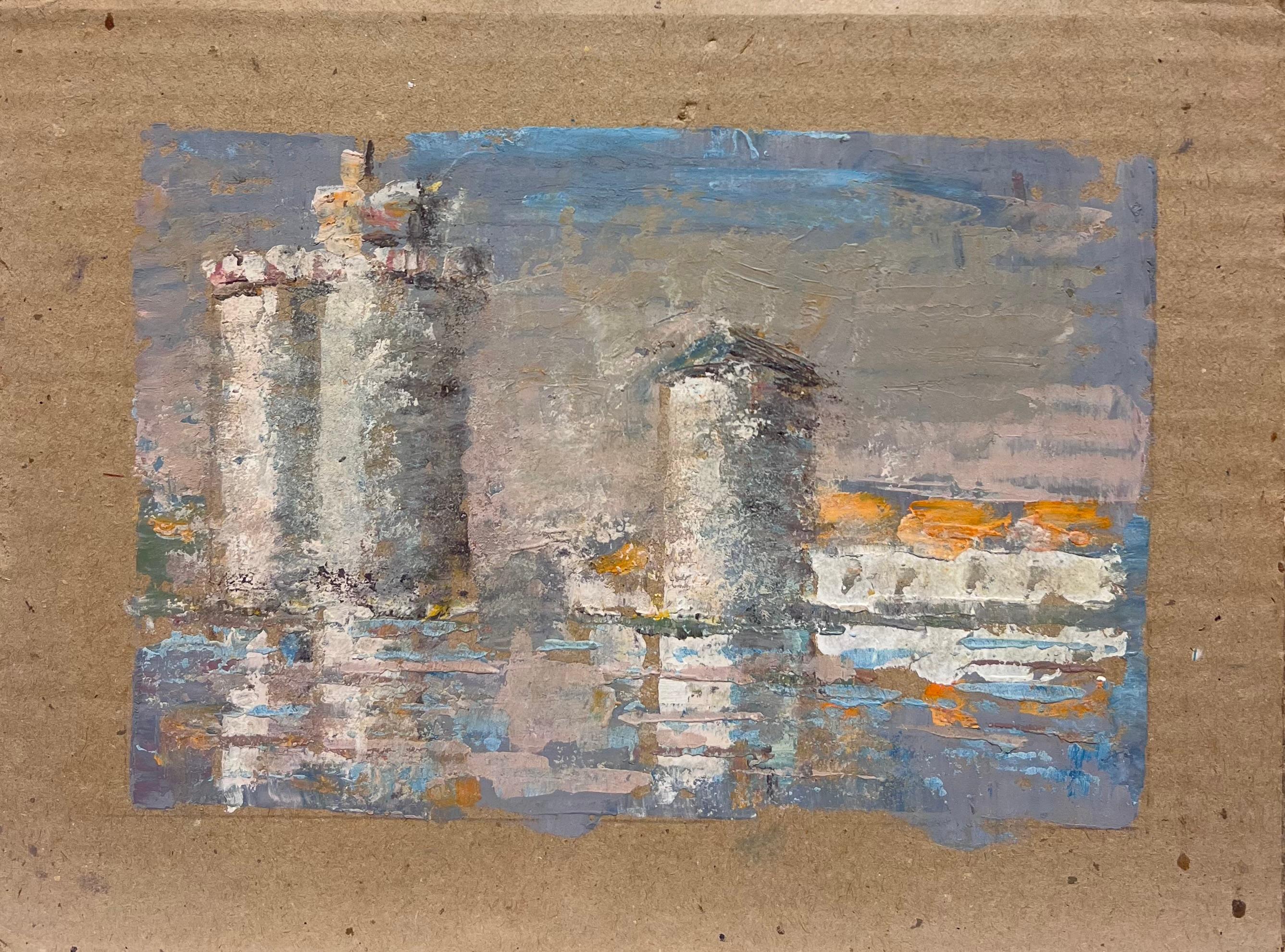 Französisch-impressionistische drei Türme mit Reflexionen, Ölgemälde – Painting von Fanch Lel