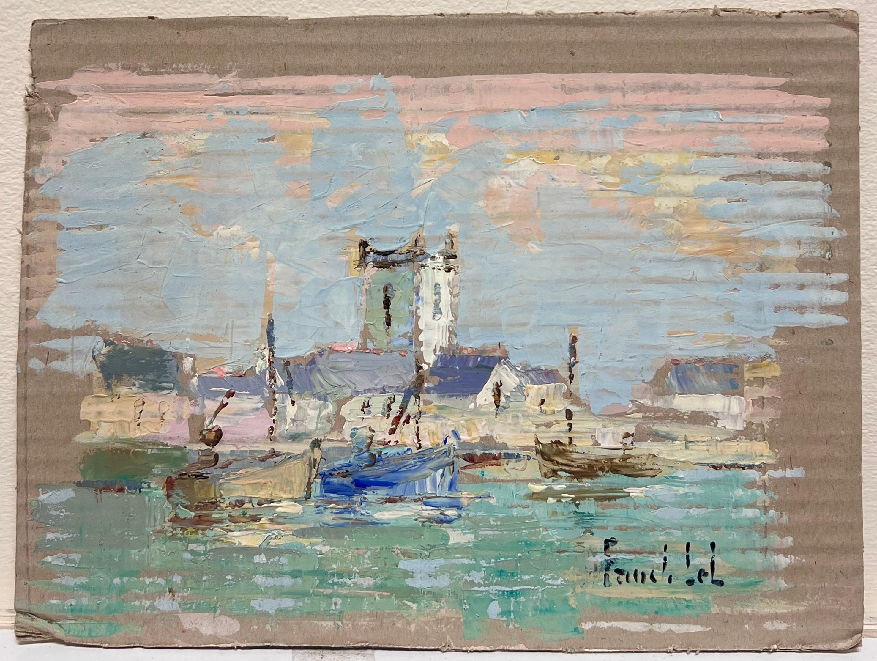 Impressionista francese Scena di porto tranquillo con barche e villaggio costiero - Painting di Fanch Lel