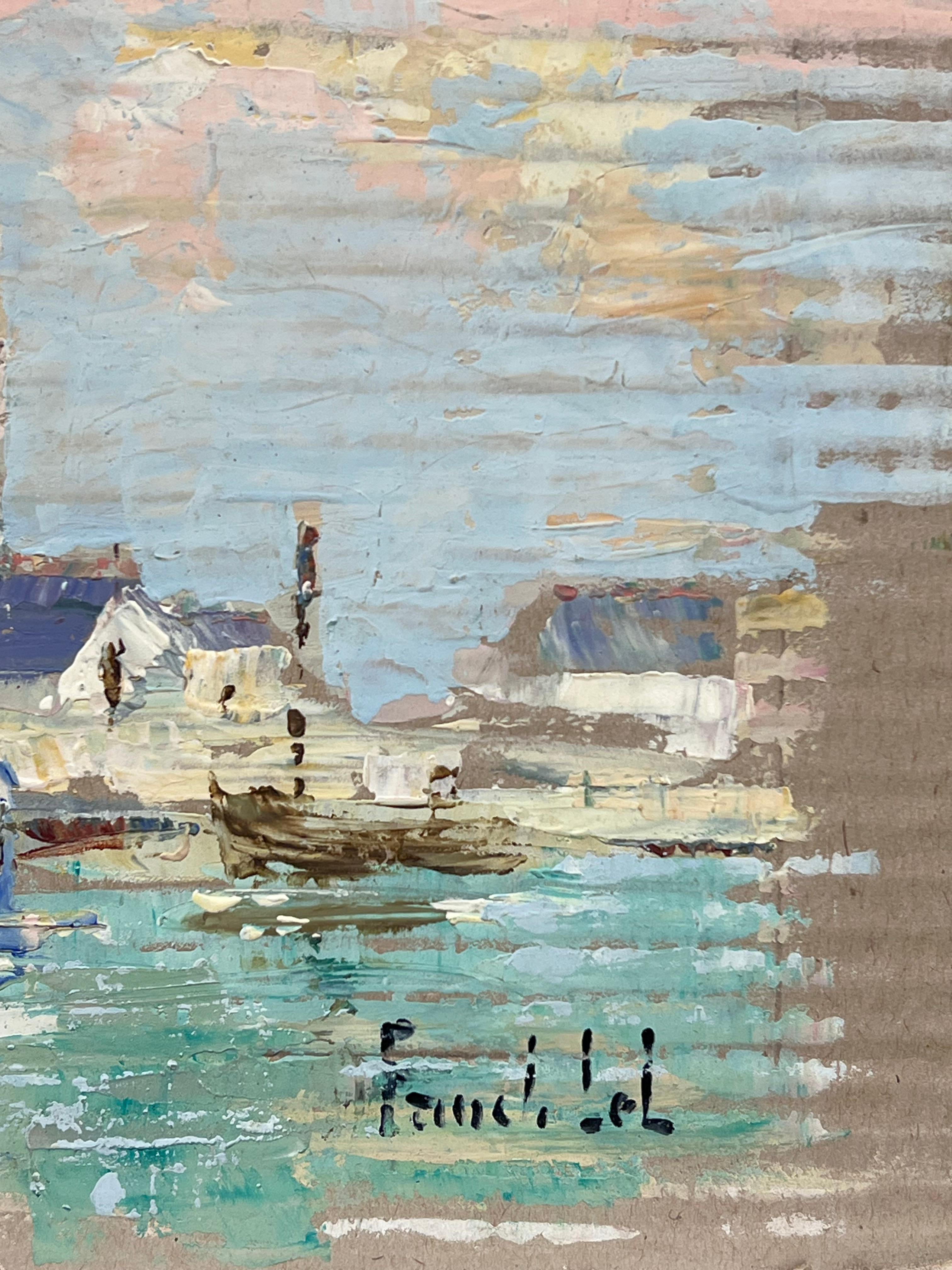 Impressionista francese Scena di porto tranquillo con barche e villaggio costiero - Painting Impressionismo di Fanch Lel