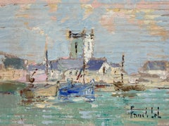 French Impressionist Tranquil Harbor Scene with Boats and Coastal Village