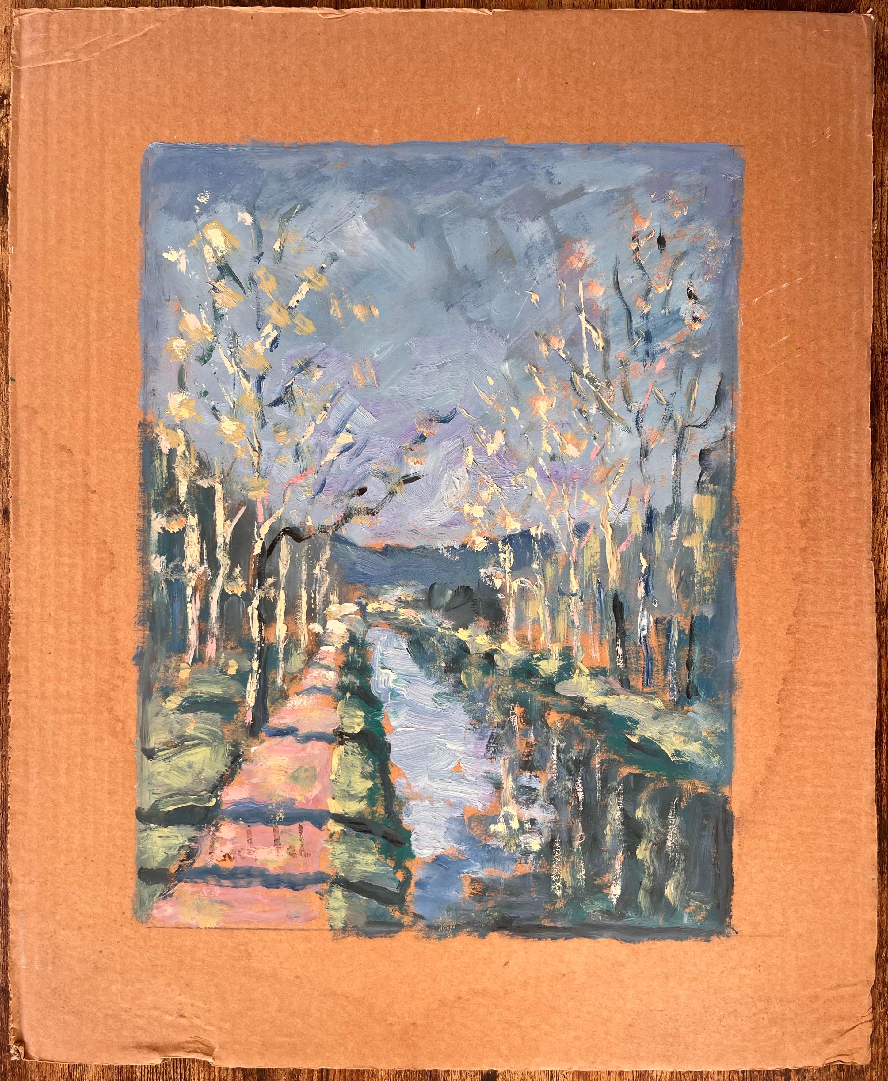 Französischer Impressionist Baum gesäumten Kanal Pathway Landschaft mit Reflexionen – Painting von Fanch Lel