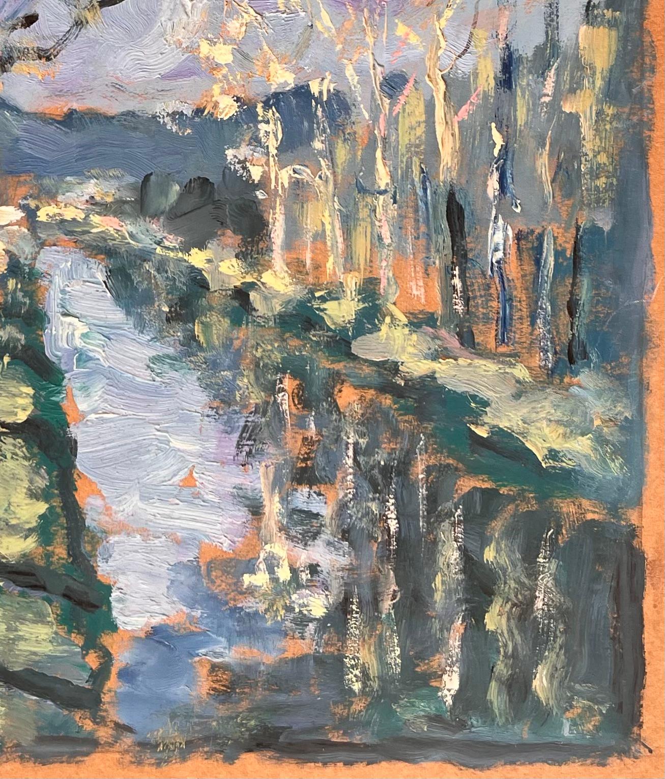 Französischer Impressionist Baum gesäumten Kanal Pathway Landschaft mit Reflexionen (Impressionismus), Painting, von Fanch Lel