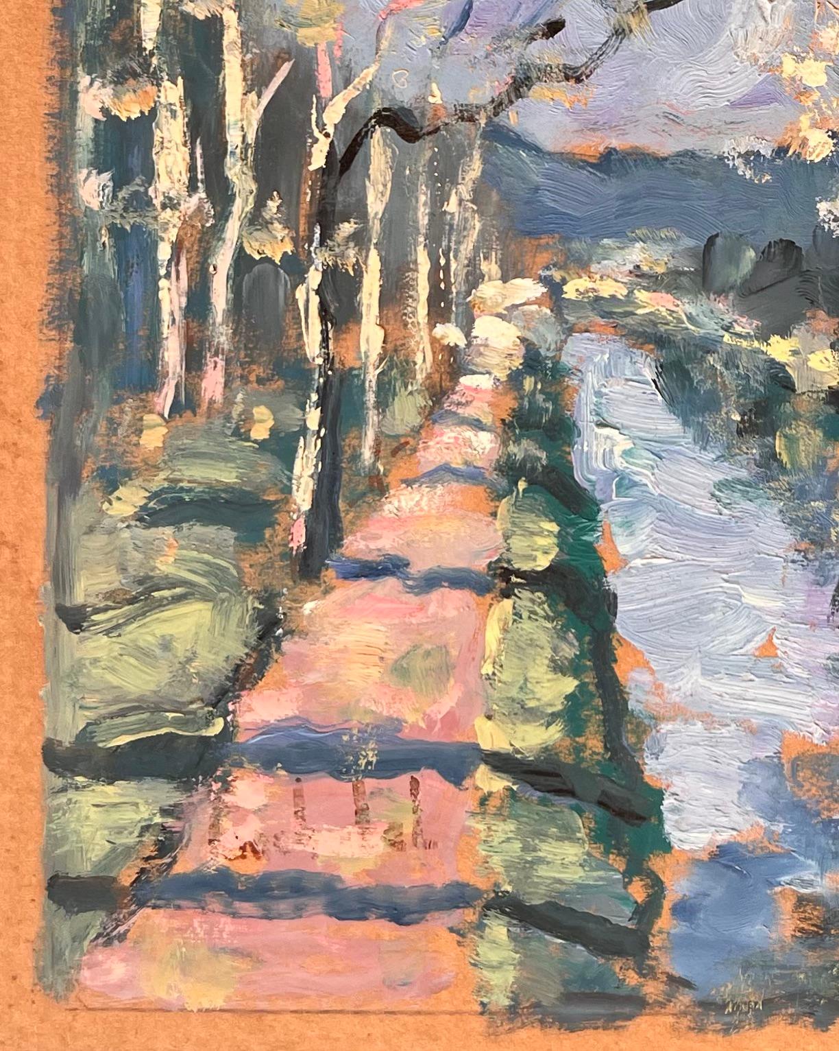 Französischer Impressionist Baum gesäumten Kanal Pathway Landschaft mit Reflexionen (Grau), Abstract Painting, von Fanch Lel