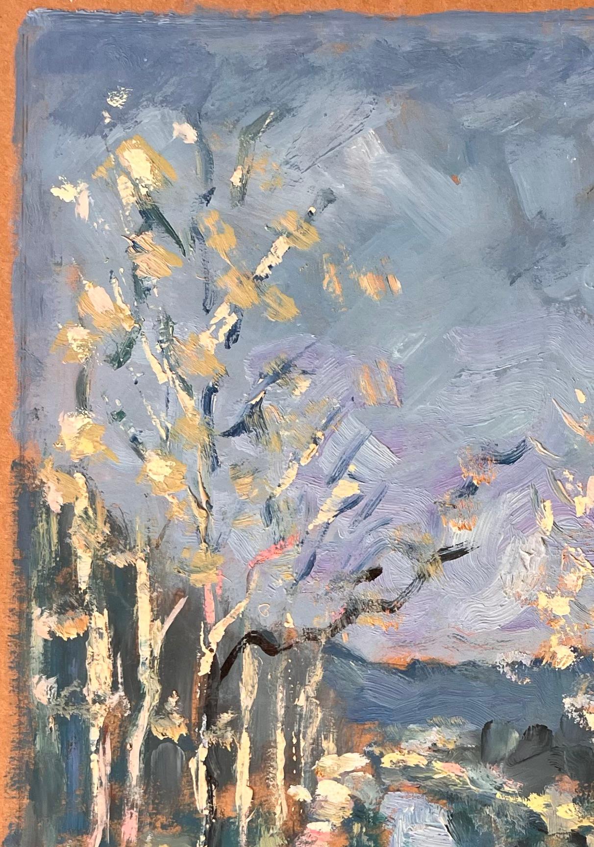 Titel: Französischer Impressionist Baumgesäumter Kanalweg Landschaft mit Spiegelungen
Von Fanch Lel
Unterschrieben: Ja
Größe: 19,25 x 15,75 Zoll (Höhe x Breite)
Ölgemälde auf Karton, ungerahmt
Zustand: Insgesamt guter Zustand mit leichten