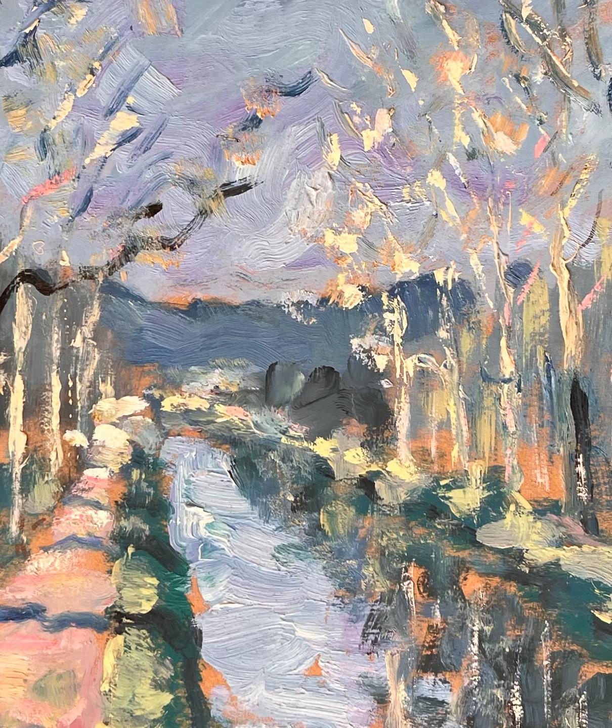 Französischer Impressionist Baum gesäumten Kanal Pathway Landschaft mit Reflexionen im Angebot 2