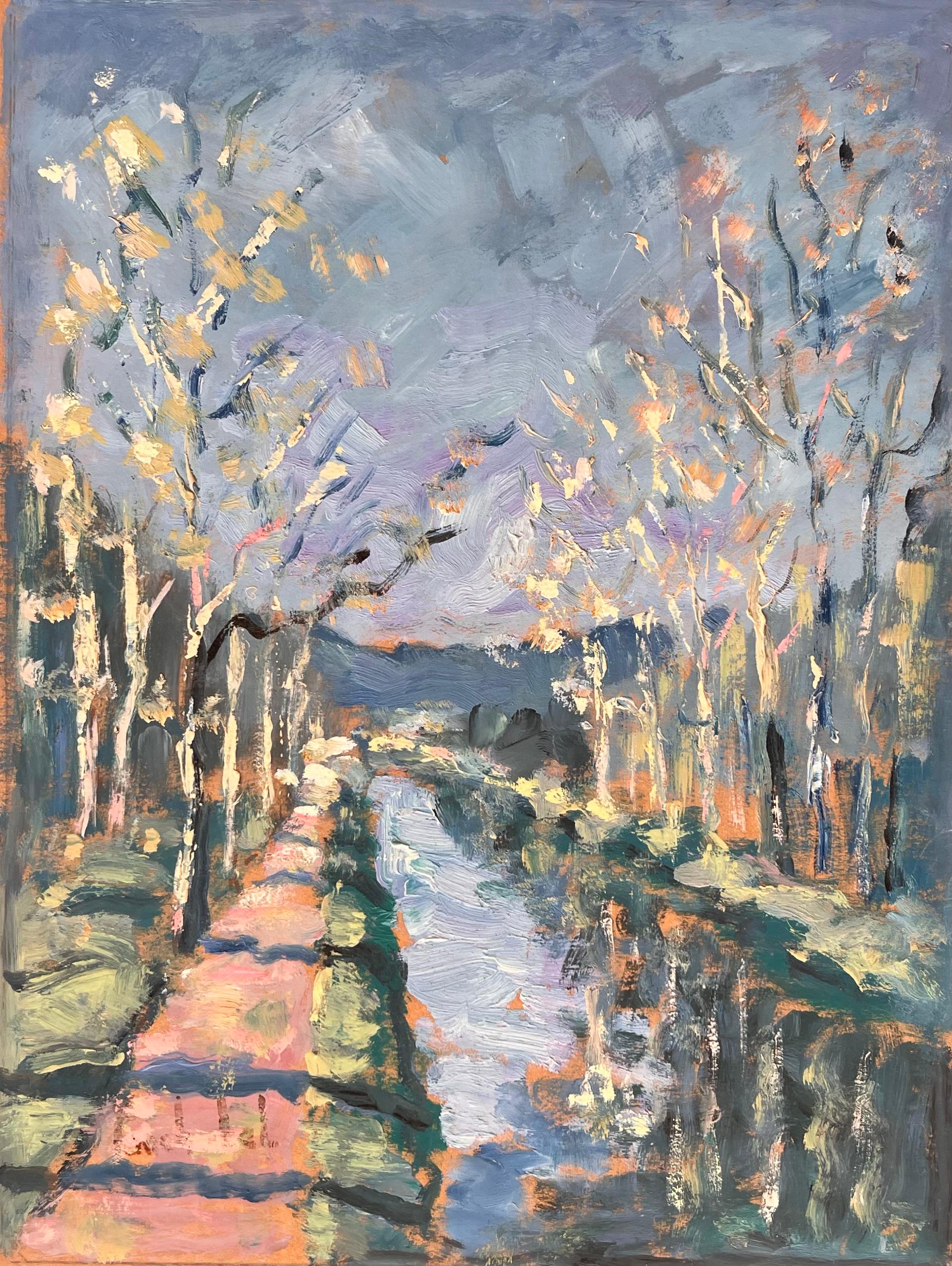 Paysage de chemin de fer impressionniste français bordé d'arbres avec reflets