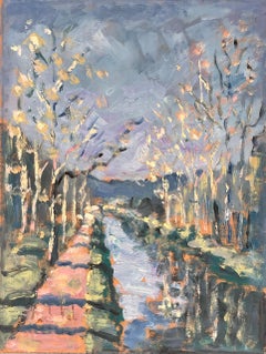 French Impressionist Tree Lined Canal Pathway Landscape with Reflections