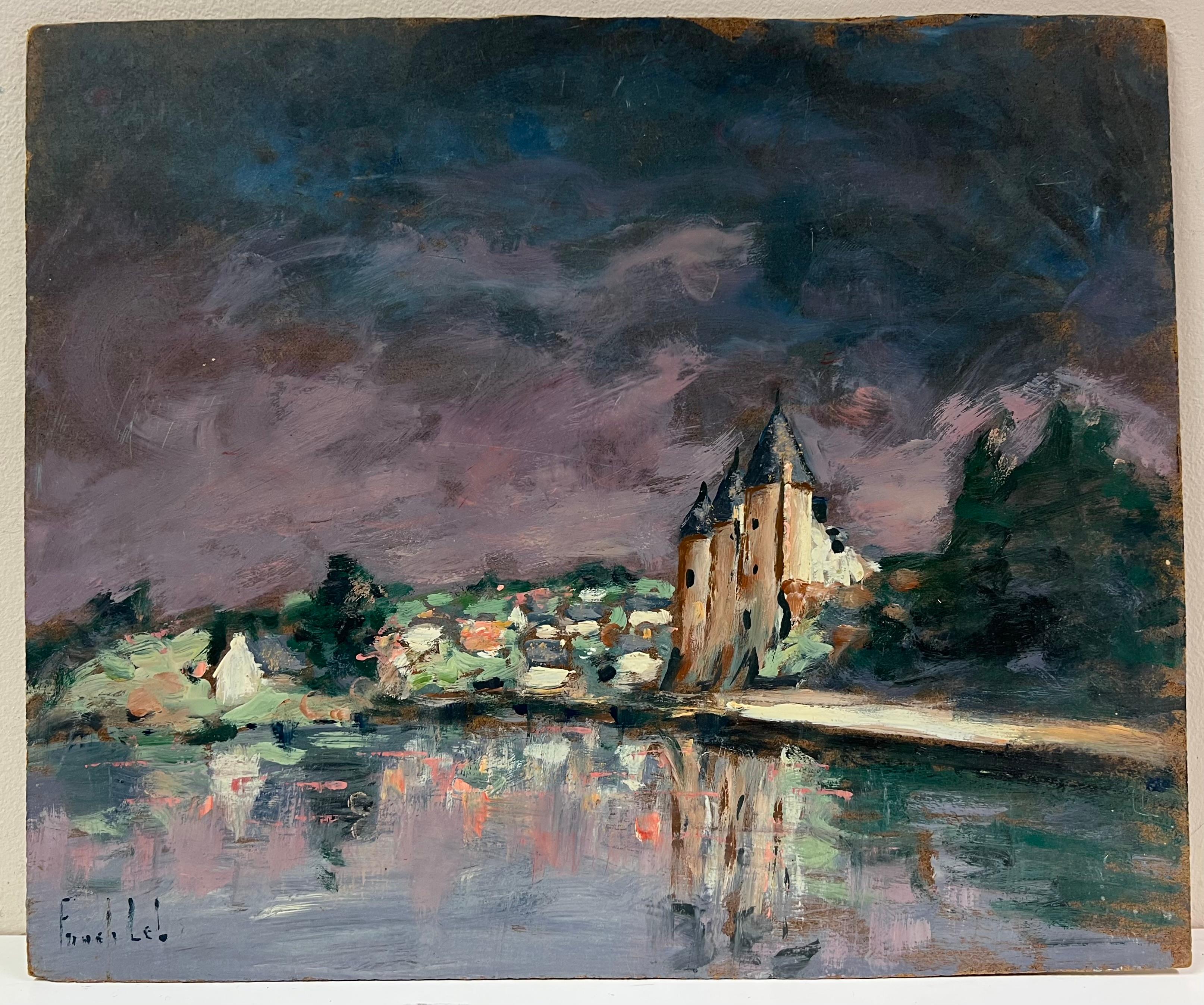 Impressionista francese Cielo viola crepuscolare sopra il porto Castello costiero - Painting di Fanch Lel