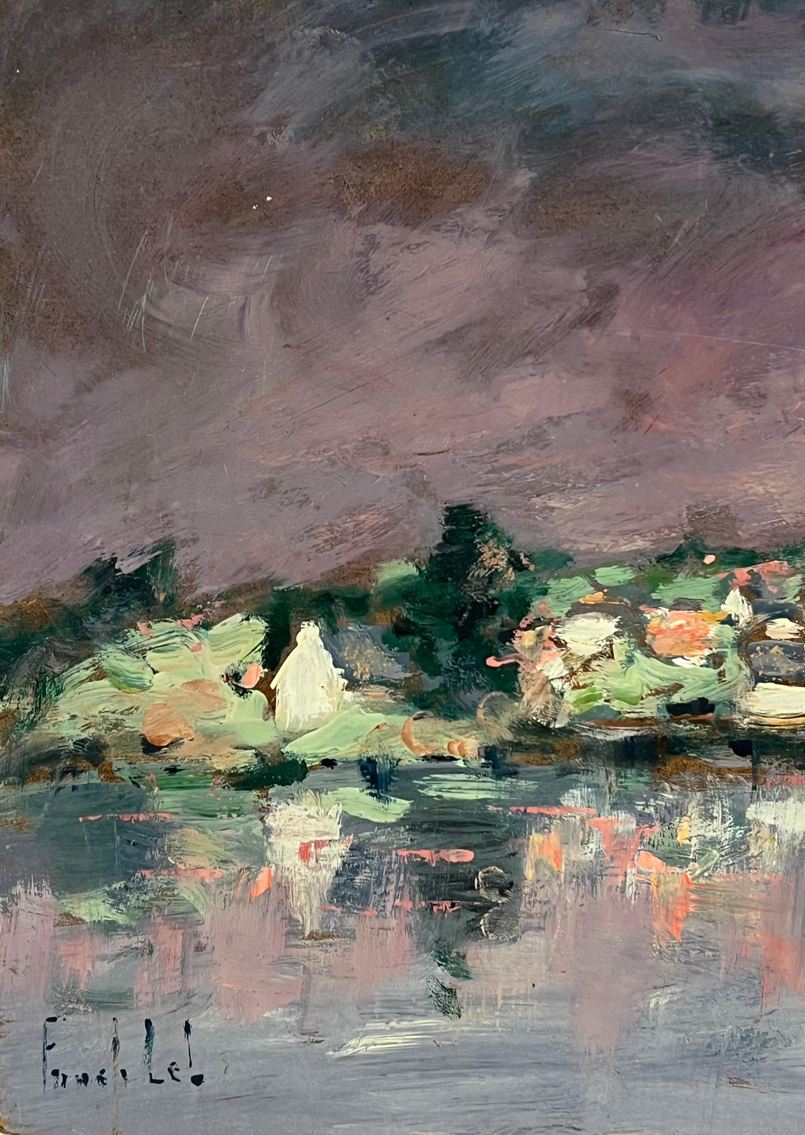 Impressionista francese Cielo viola crepuscolare sopra il porto Castello costiero - Landscape Painting Nero di Fanch Lel