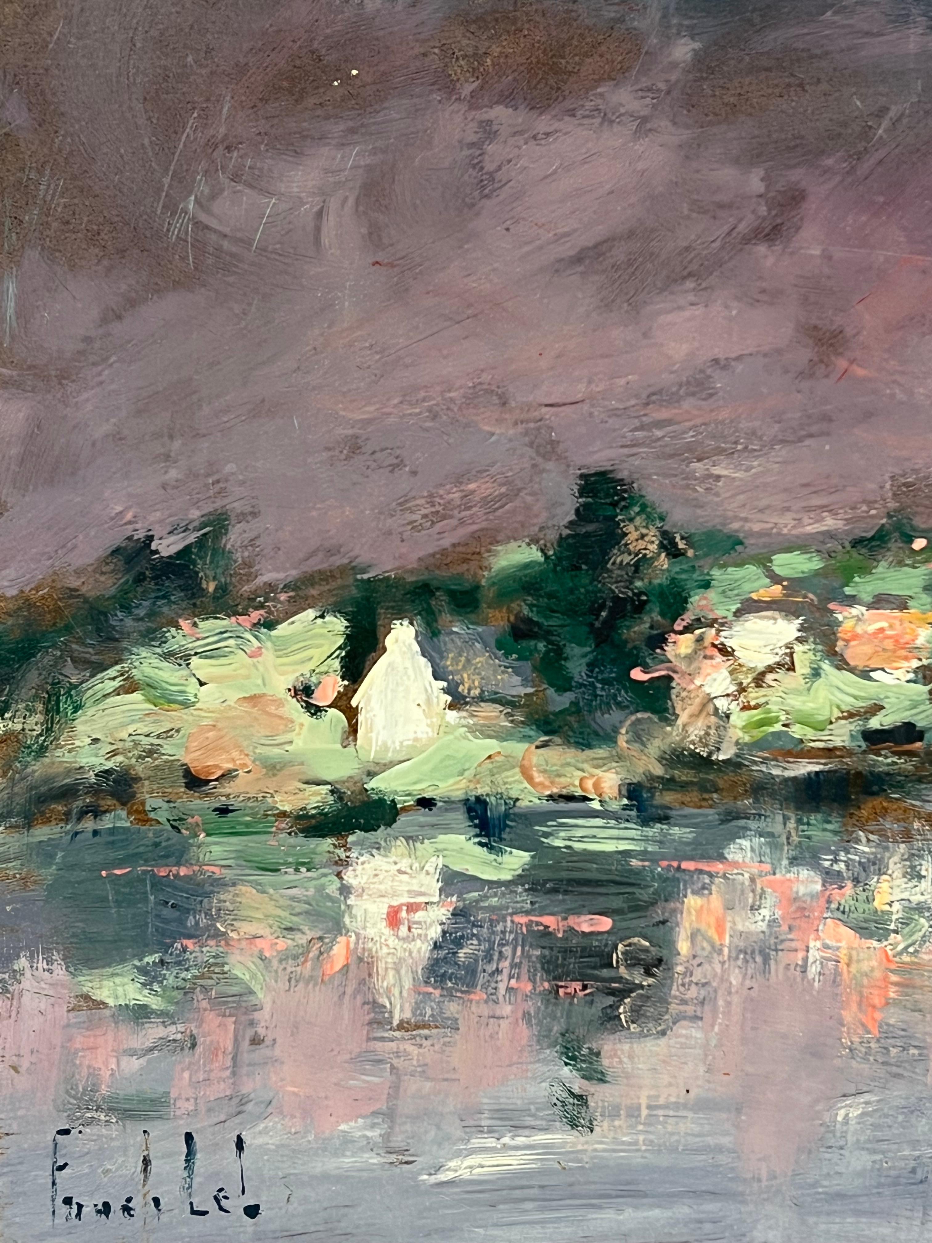 Crepuscolo sul castello di Riverside
firmato da Fanch Lel (francese, nato nel 1930)
Dimensioni: 15 x 18 pollici
Pittura a olio su tavola, senza cornice
Condit: Il dipinto è in buone condizioni, con lievi segni di invecchiamento.
Provenienza: Tutti i