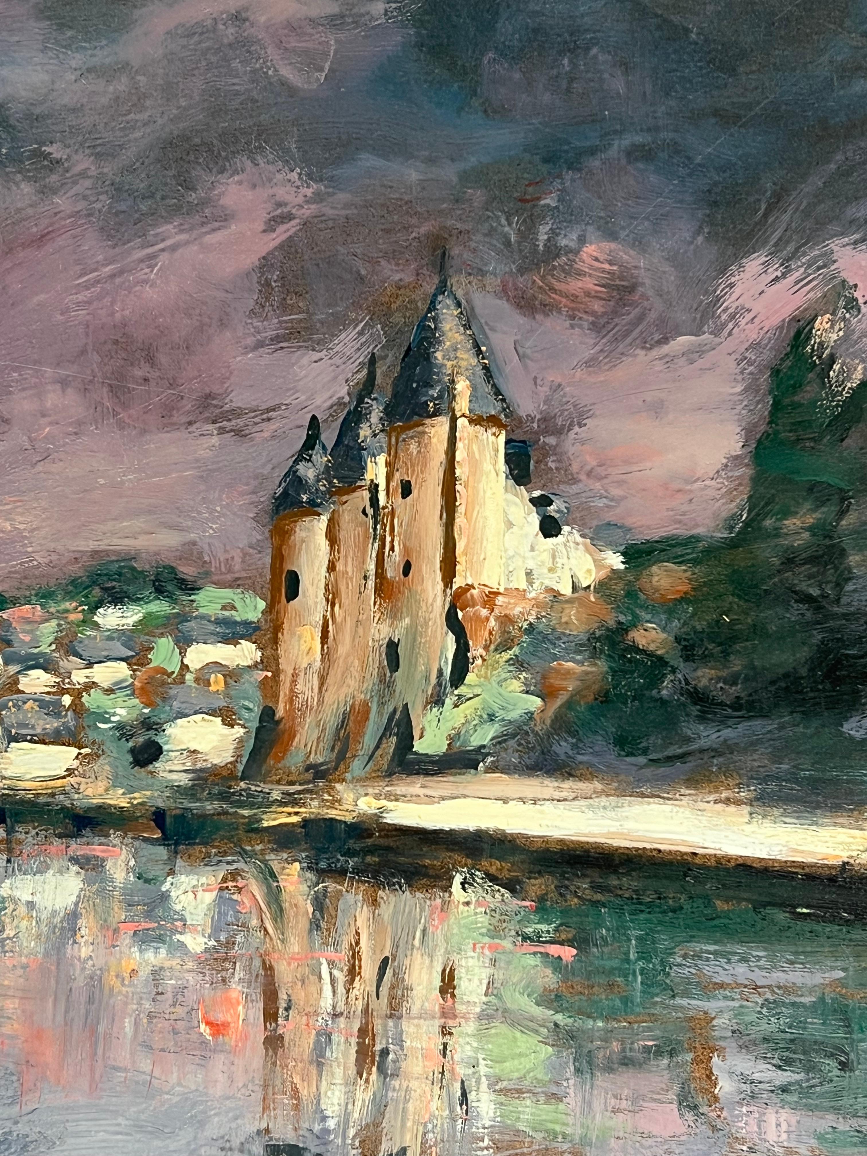 Impressionista francese Cielo viola crepuscolare sopra il porto Castello costiero in vendita 1