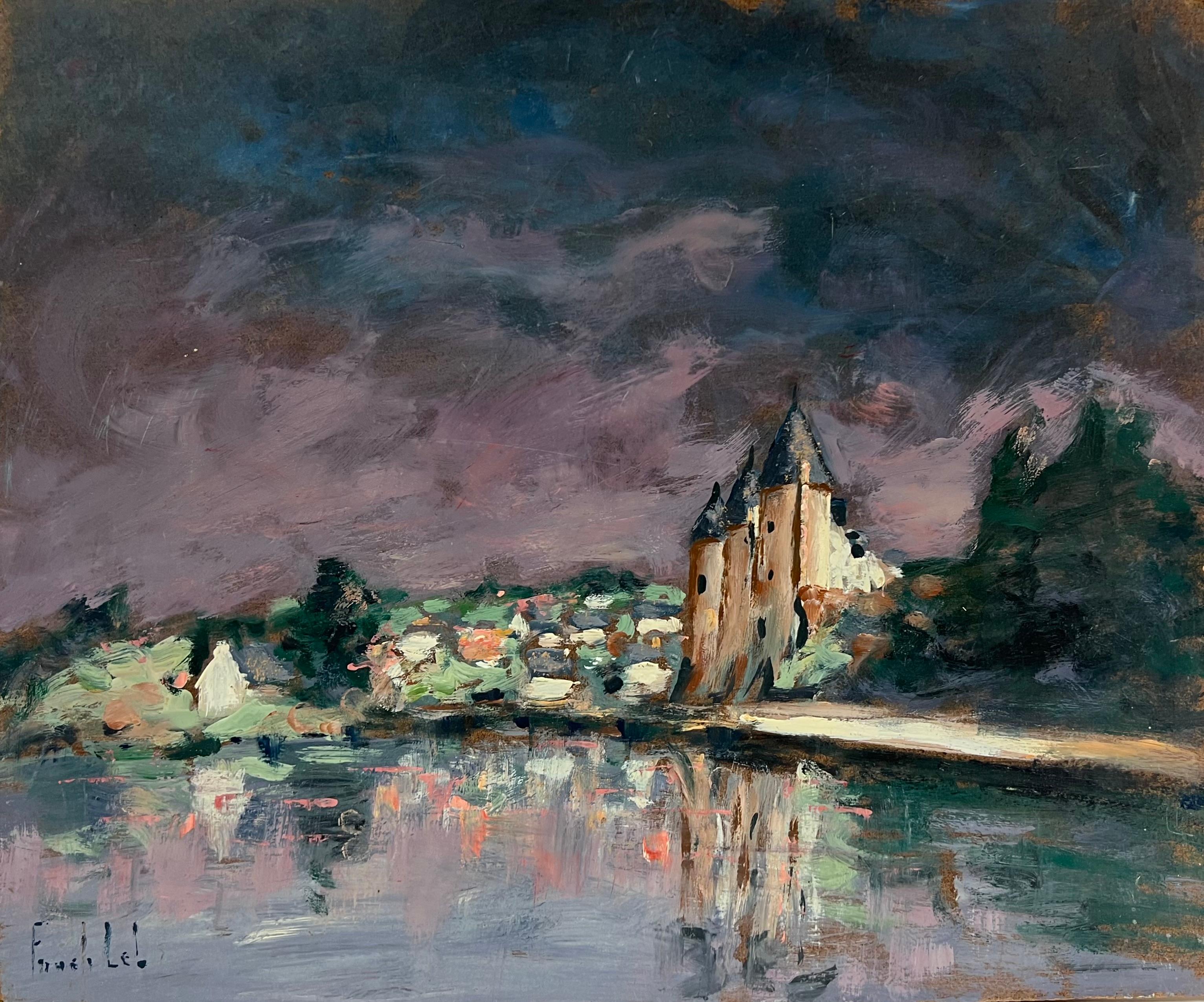 Landscape Painting di Fanch Lel - Impressionista francese Cielo viola crepuscolare sopra il porto Castello costiero