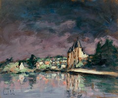 Französischer impressionistischer Twilight lila Himmel über dem Hafen- Küstenschloss