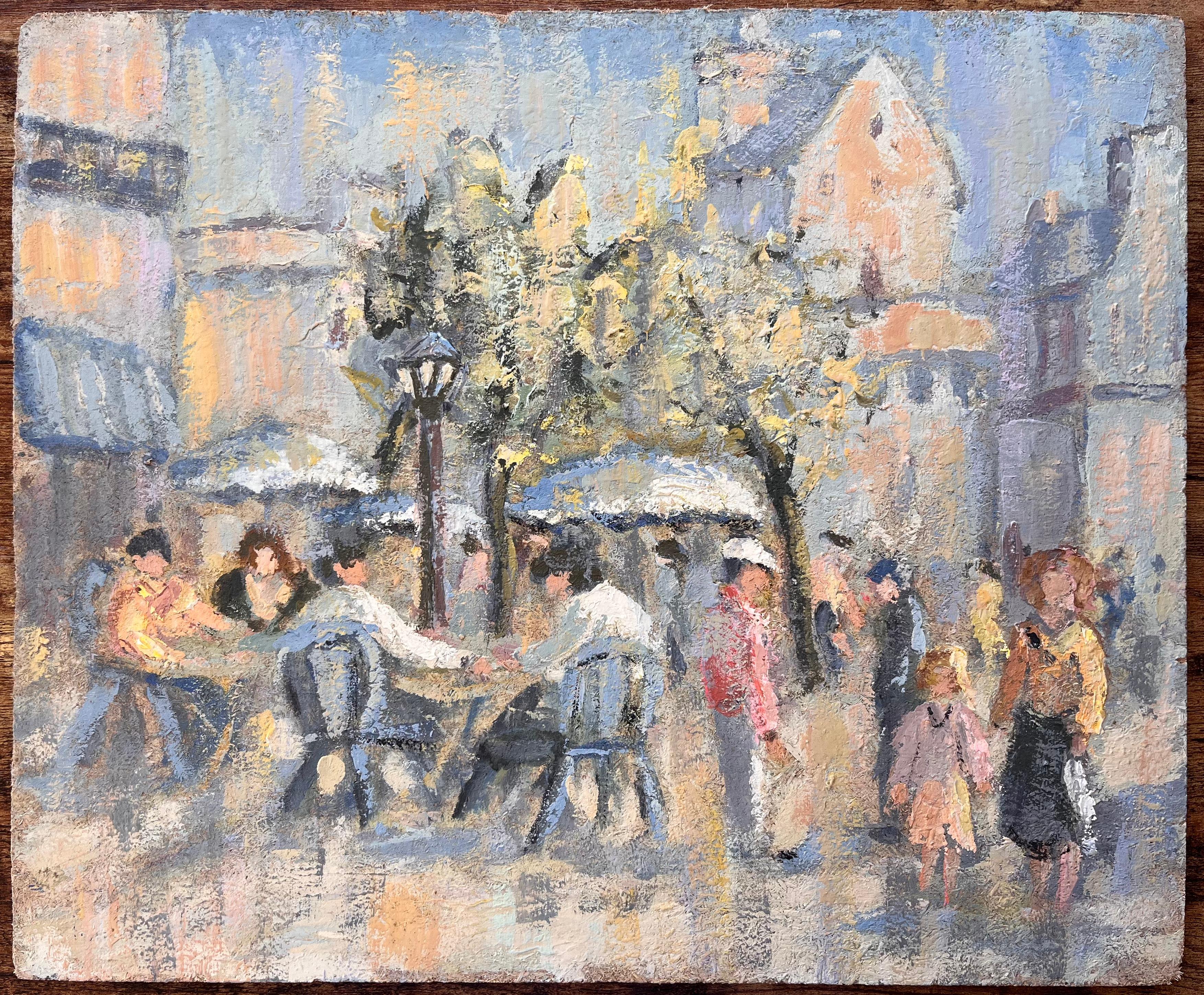 Scène urbaine impressionniste française d'une terrasse de café animée à Malo - Painting de Fanch Lel