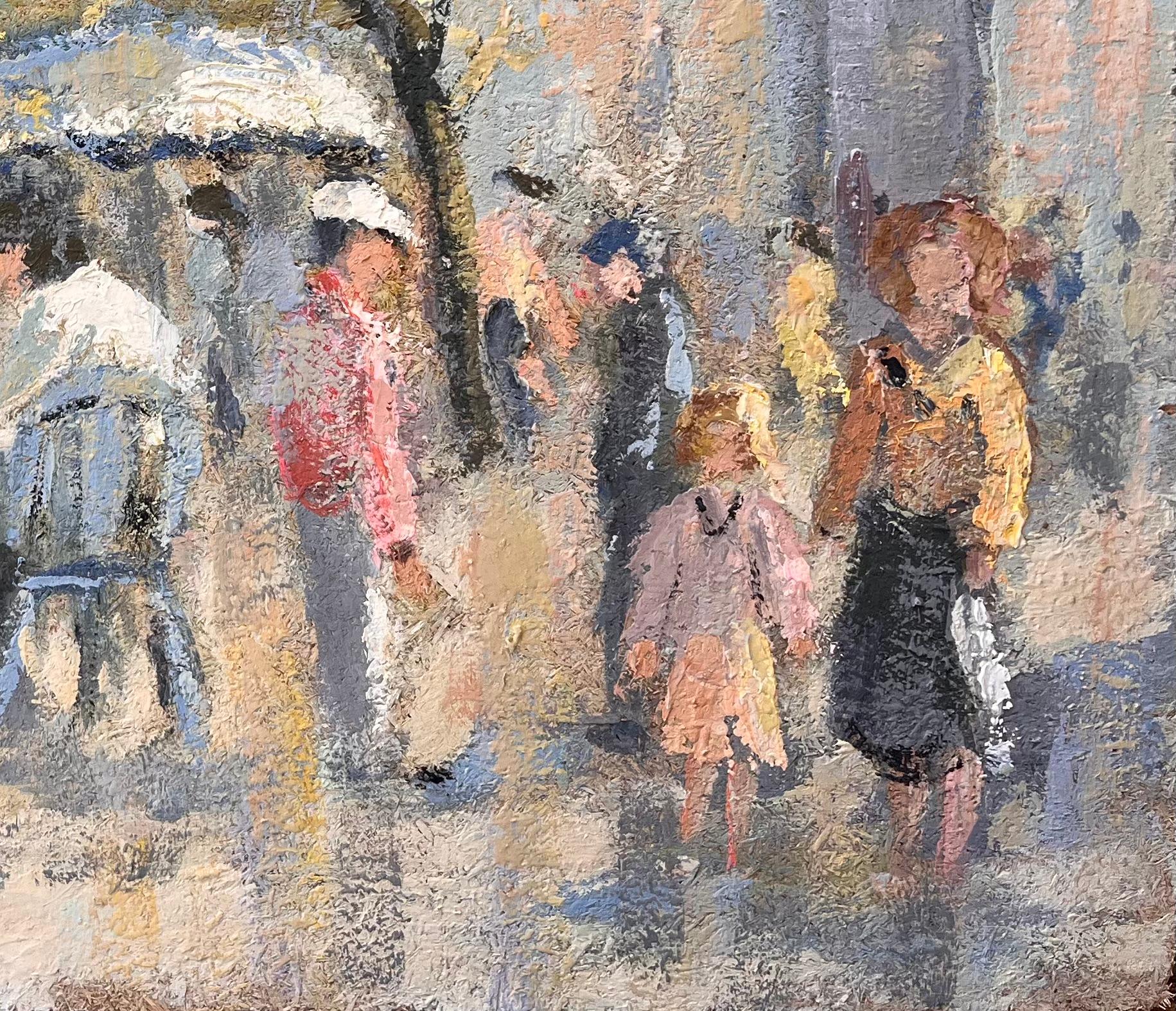 Scène urbaine impressionniste française d'une terrasse de café animée à Malo - Impressionnisme Painting par Fanch Lel