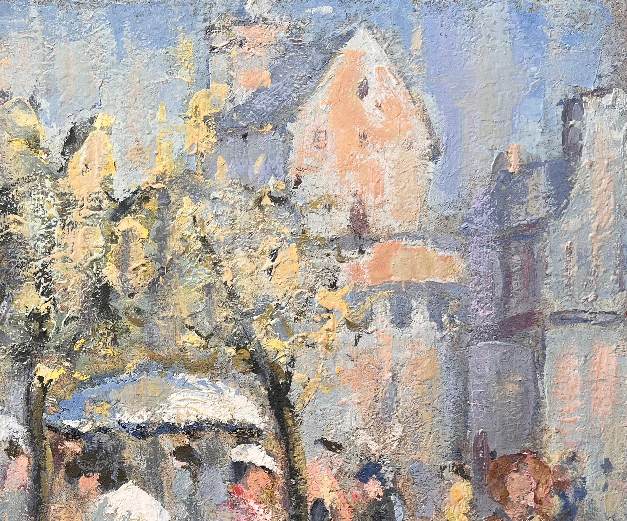 Scène urbaine impressionniste française d'une terrasse de café animée à Malo - Gris Abstract Painting par Fanch Lel