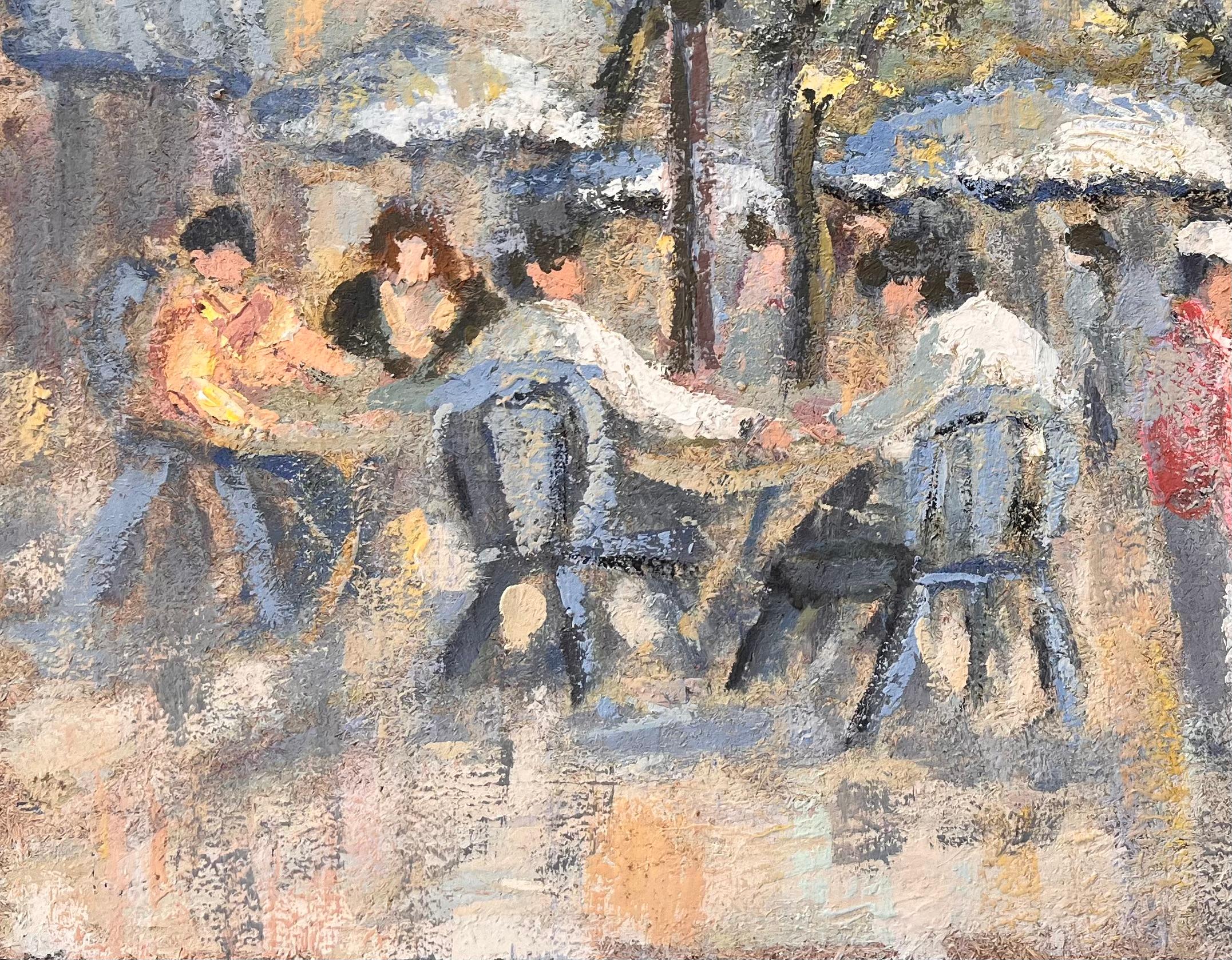 Titre : Scène urbaine impressionniste française d'une terrasse de café animée à Malo
Par Fanch Lel
Taille : 15 x 18 pouces (hauteur x largeur)
Peinture à l'huile sur carton, non encadrée
Condit : La peinture est en bon état, avec une texture