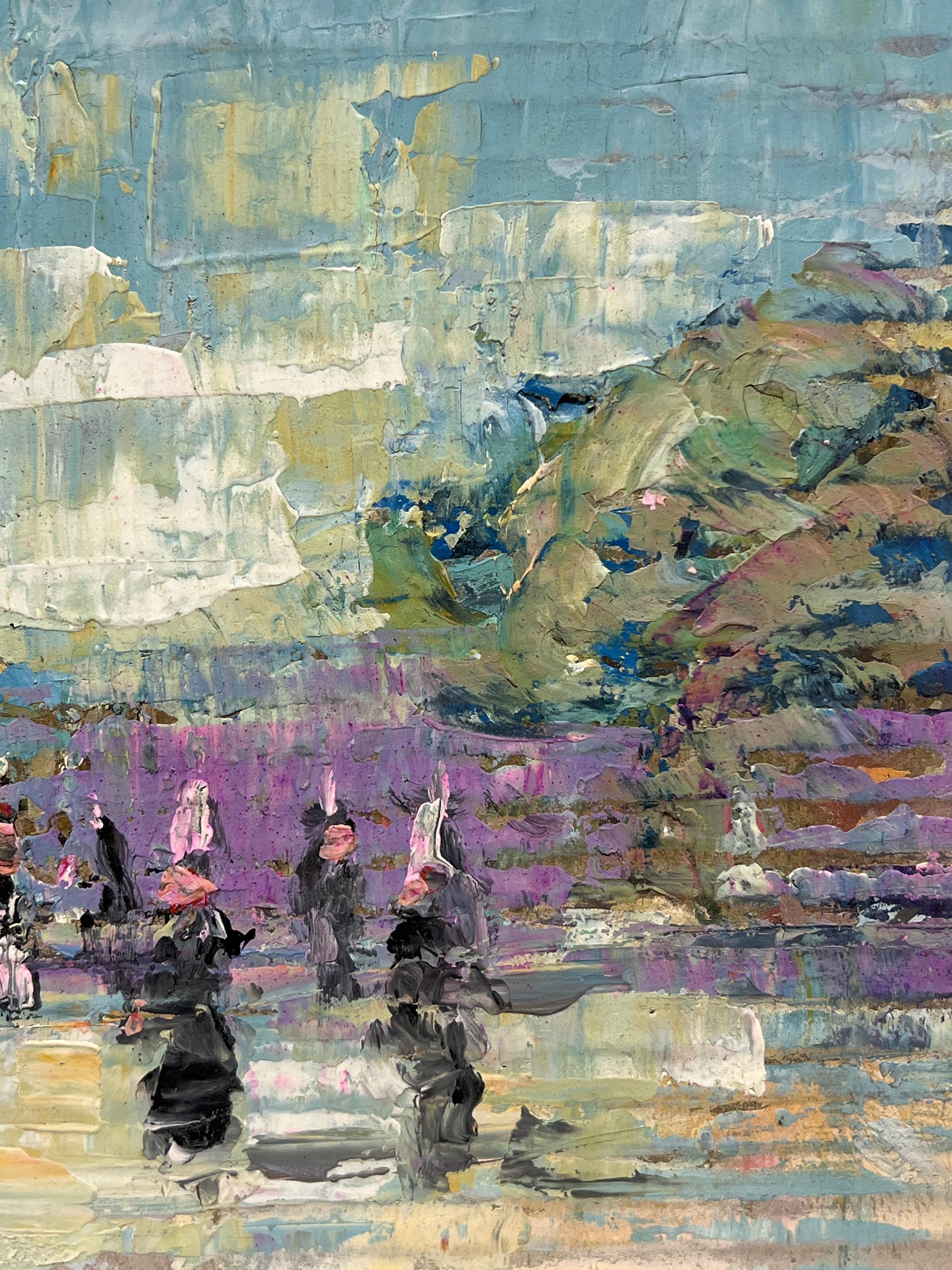 French Impressionist Vibrant Ceremonial Gathering at the Chapel Breton France - Gray Landscape Painting by Fanch Lel