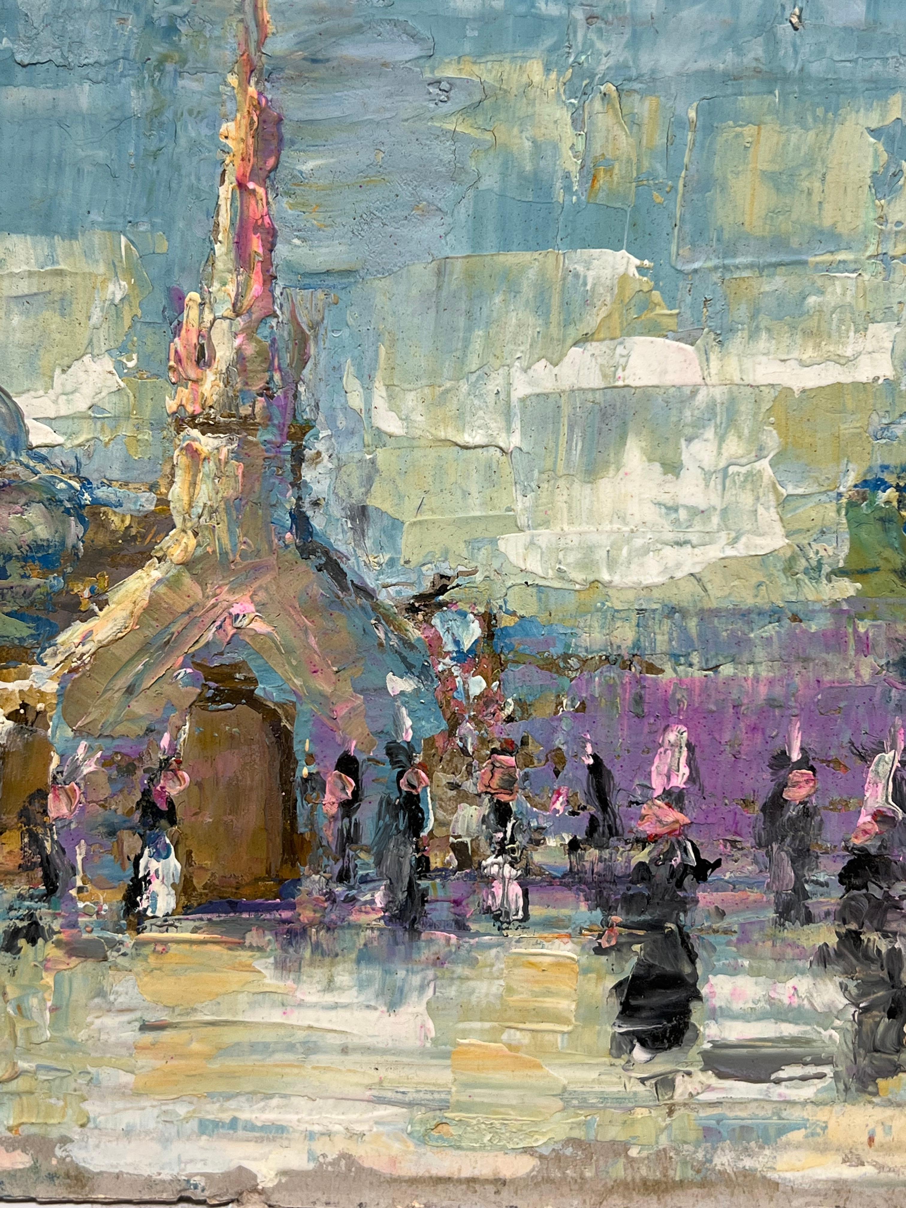 Ceremonial Gathering at the Chapel
by Fanch Lel (French b. 1930)
Size: 10.75 x 9.75 inches
Oil painting on cardboard, unframed
Condition: The painting is in good condition, with minor signs of aging.
Provenance: All the paintings we have for sale by