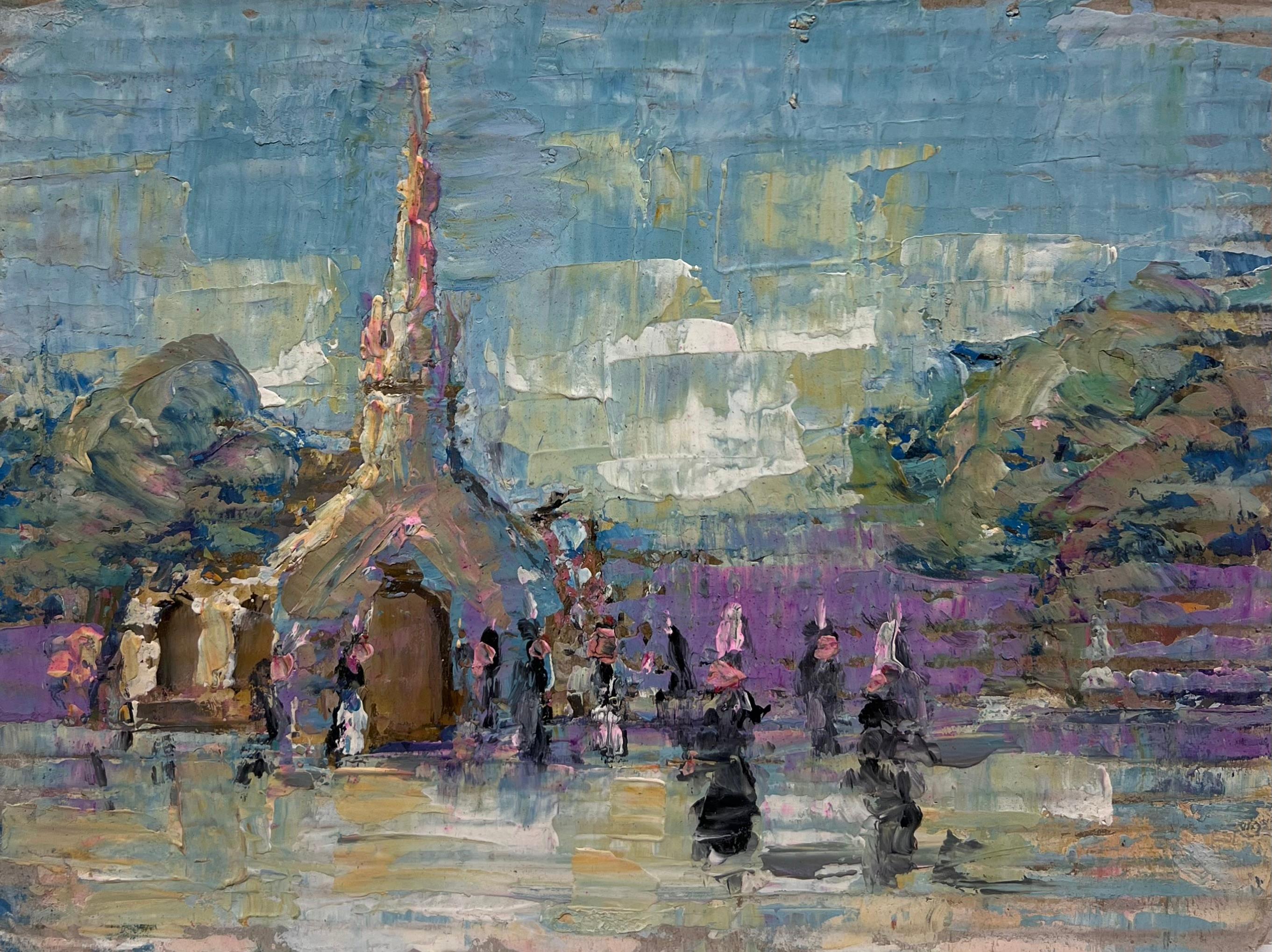 Fanch Lel Landscape Painting - French Impressionist Vibrant Ceremonial Gathering at the Chapel Breton France