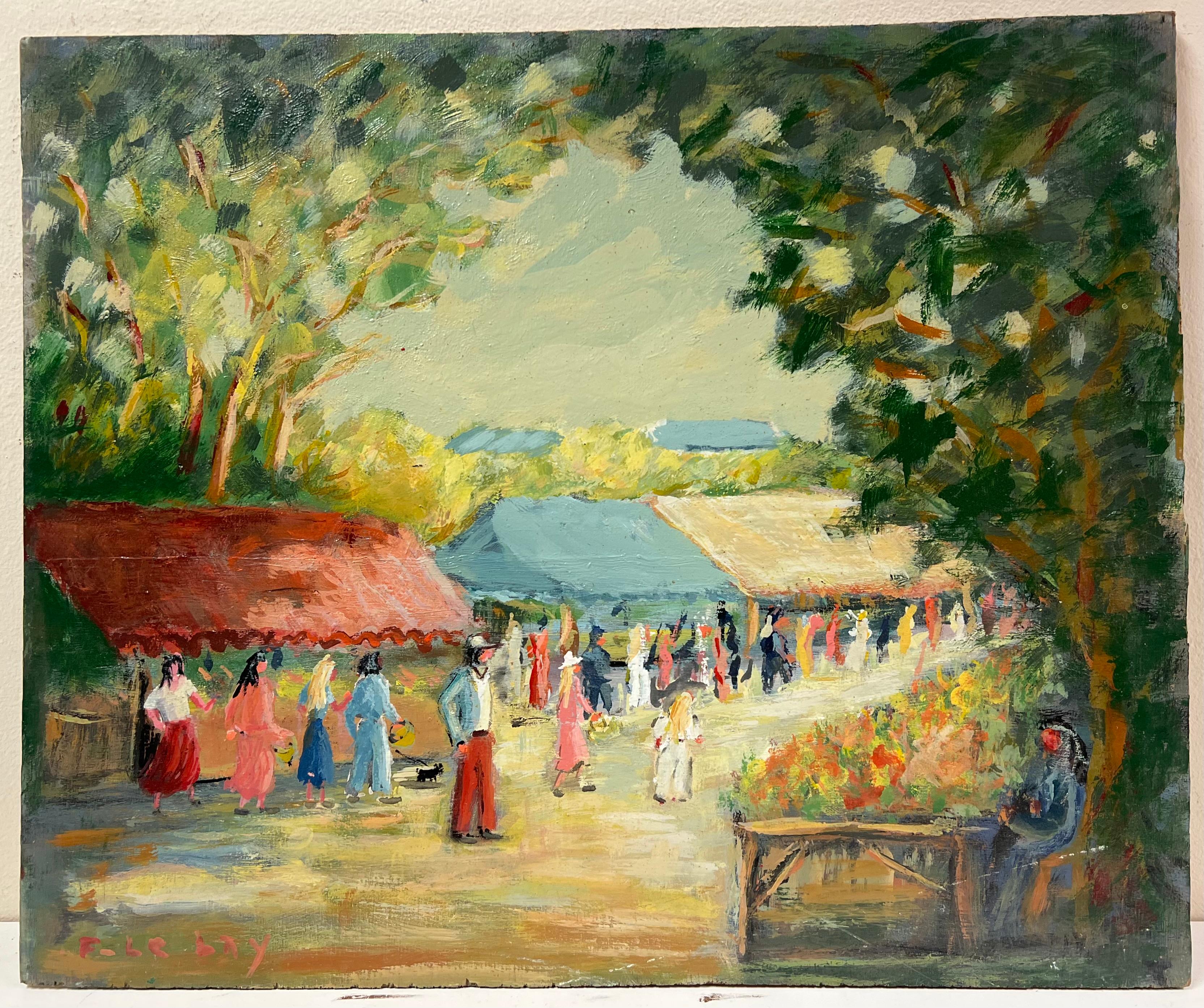 Impressionista francese Vibrante scena di mercato del villaggio francese Pittura ad olio - Painting di Fanch Lel