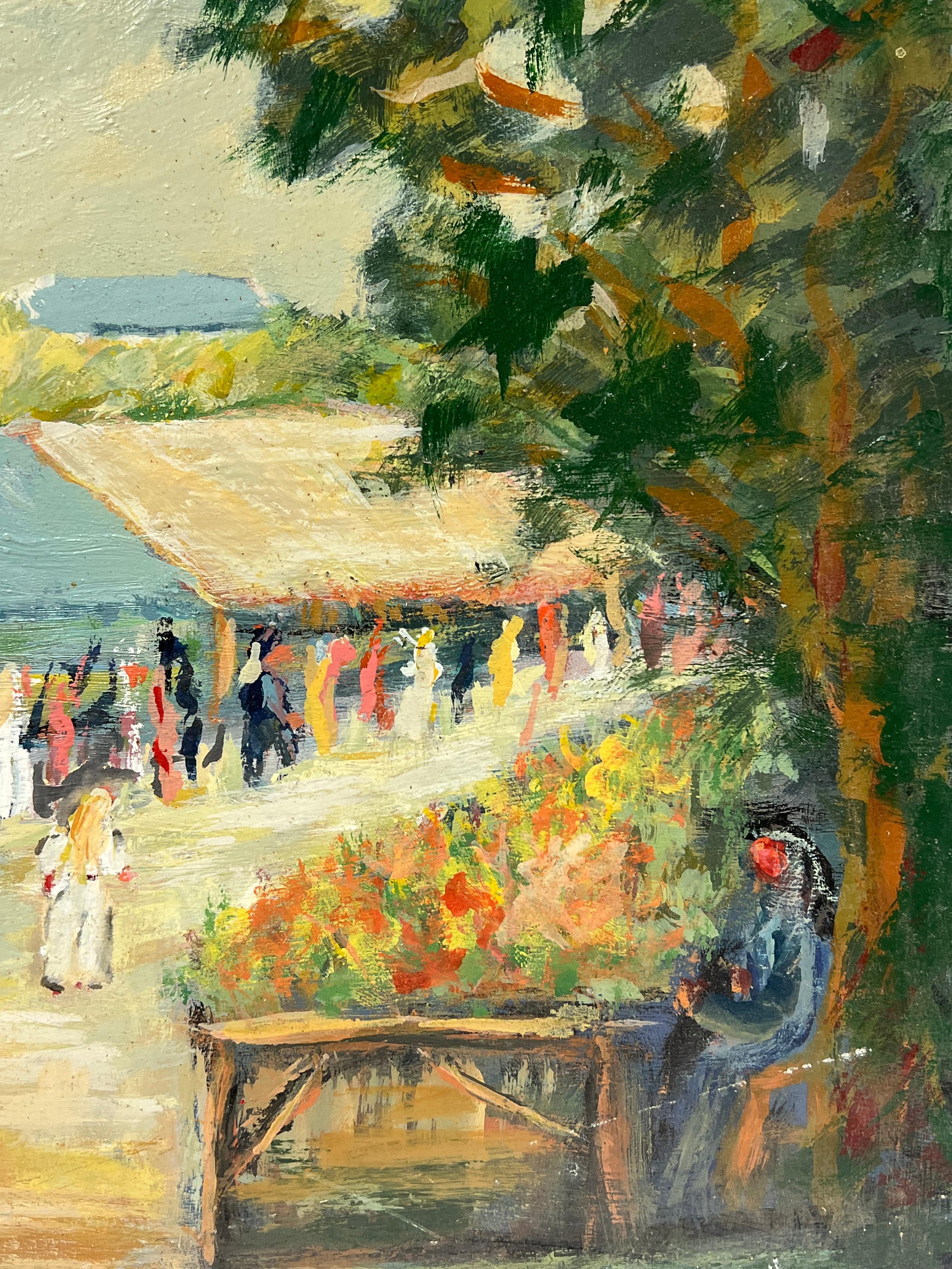 Impressionista francese Vibrante scena di mercato del villaggio francese Pittura ad olio - Figurative Painting Marrone di Fanch Lel