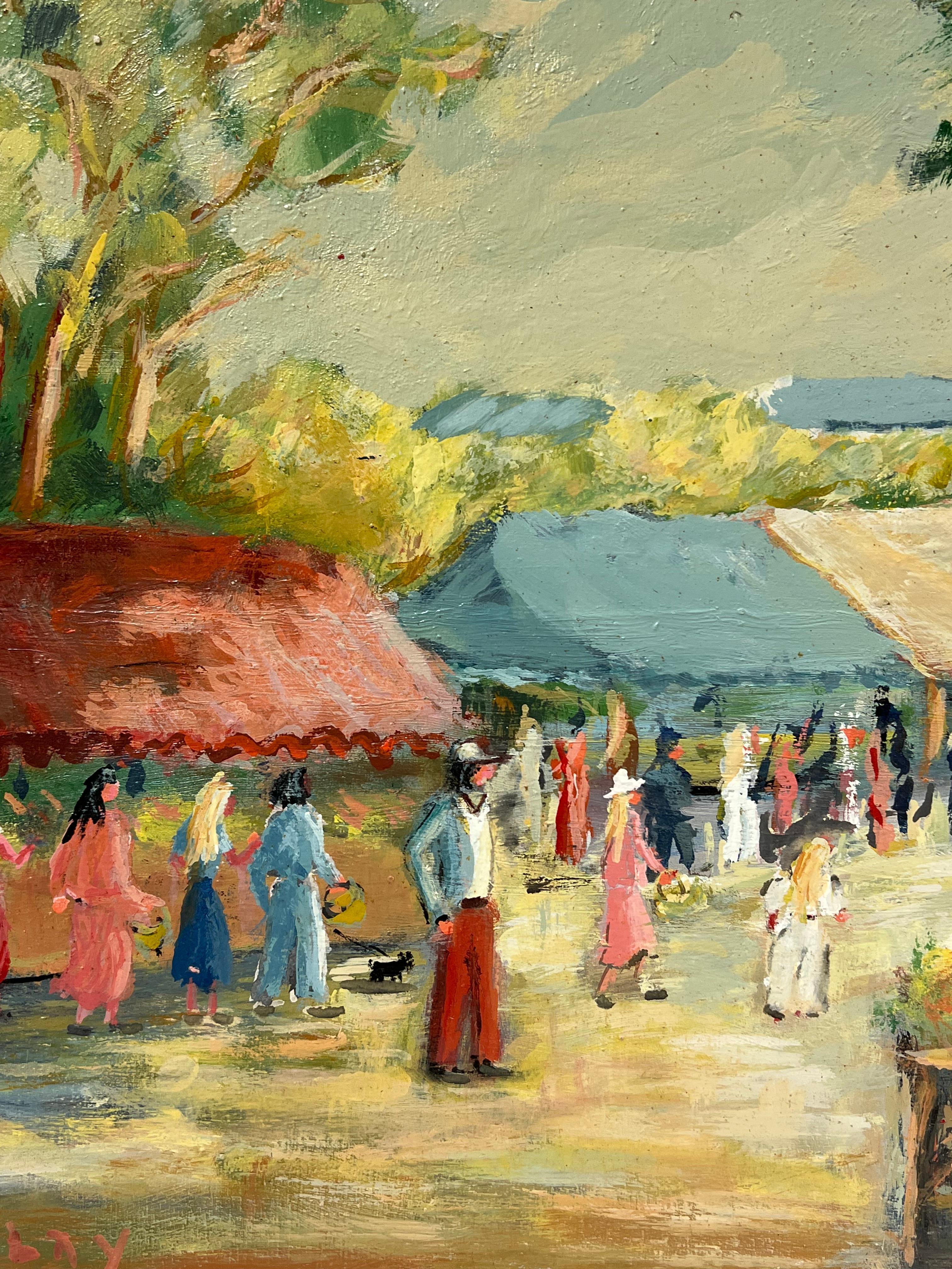 Scena del mercato del villaggio
Firmato da Fanch Lel (francese, nato nel 1930)
Inscritto sul verso
Dimensioni: 15 x 18 pollici
Pittura a olio su tavola, senza cornice
Condit: Il dipinto è in buone condizioni, con lievi segni di