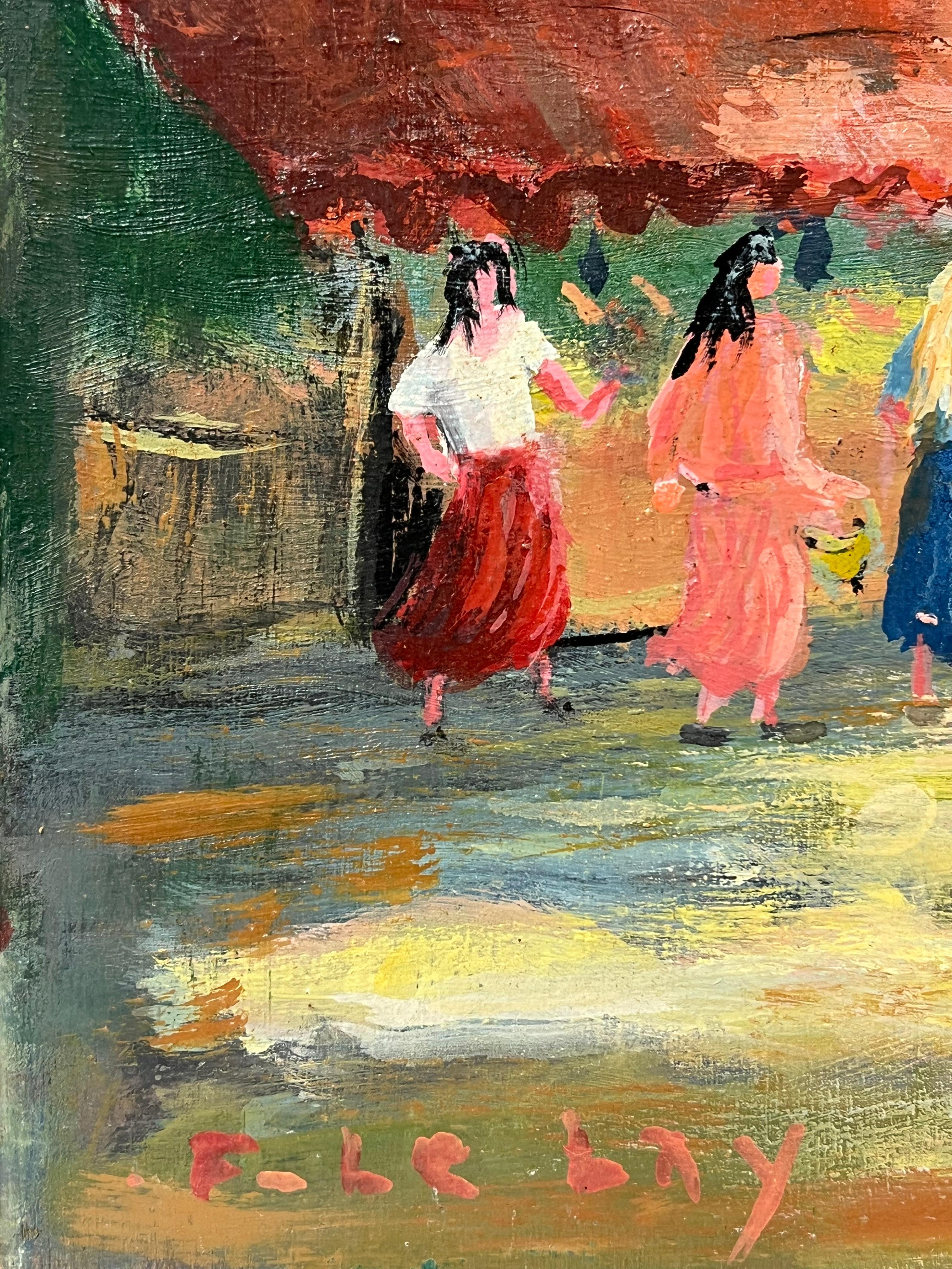 Impressionista francese Vibrante scena di mercato del villaggio francese Pittura ad olio 1