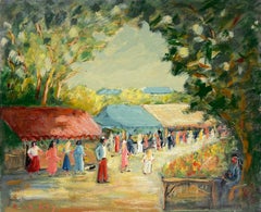 Impressionista francese Vibrante scena di mercato del villaggio francese Pittura ad olio