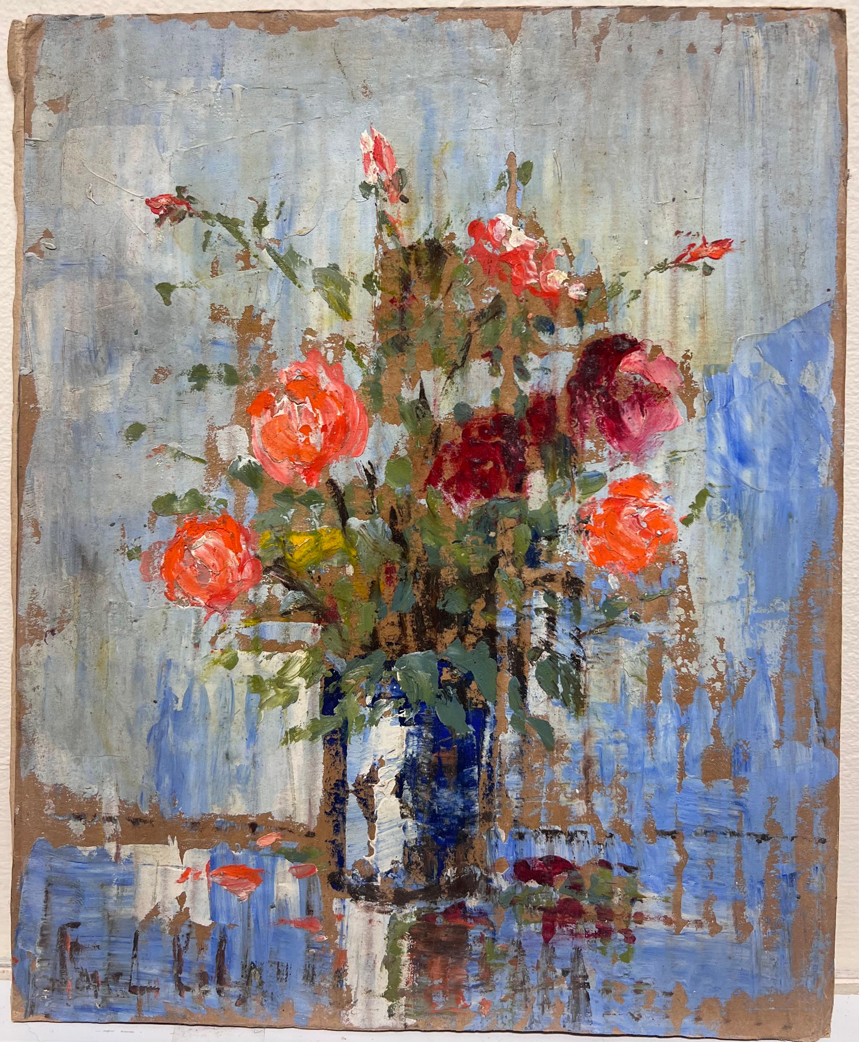 Impressionista francese Rose rosse vibranti in un vaso blu rustico Natura morta - Painting di Fanch Lel