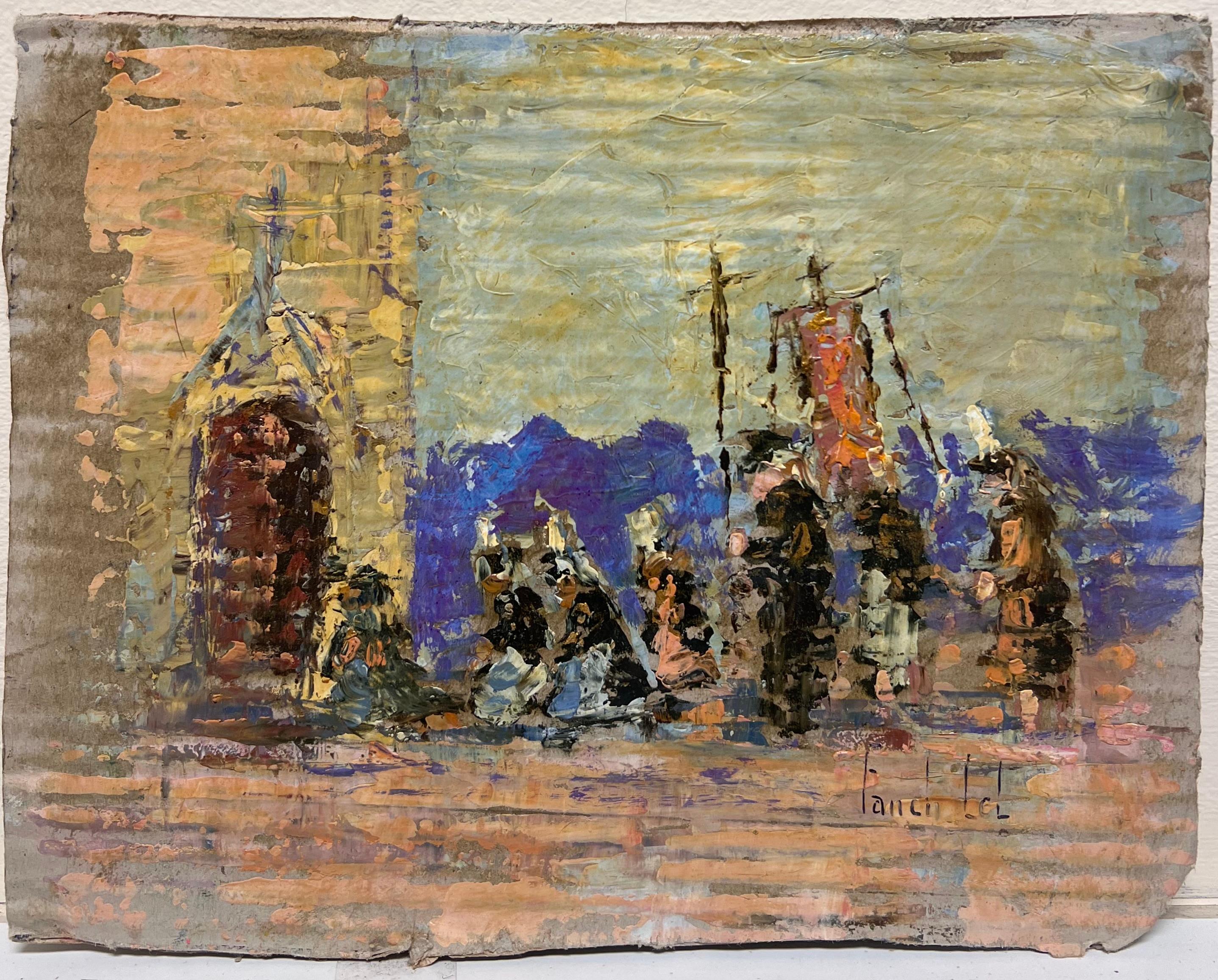 Impresionista francés Vibrante procesión religiosa ante una capilla histórica - Painting de Fanch Lel