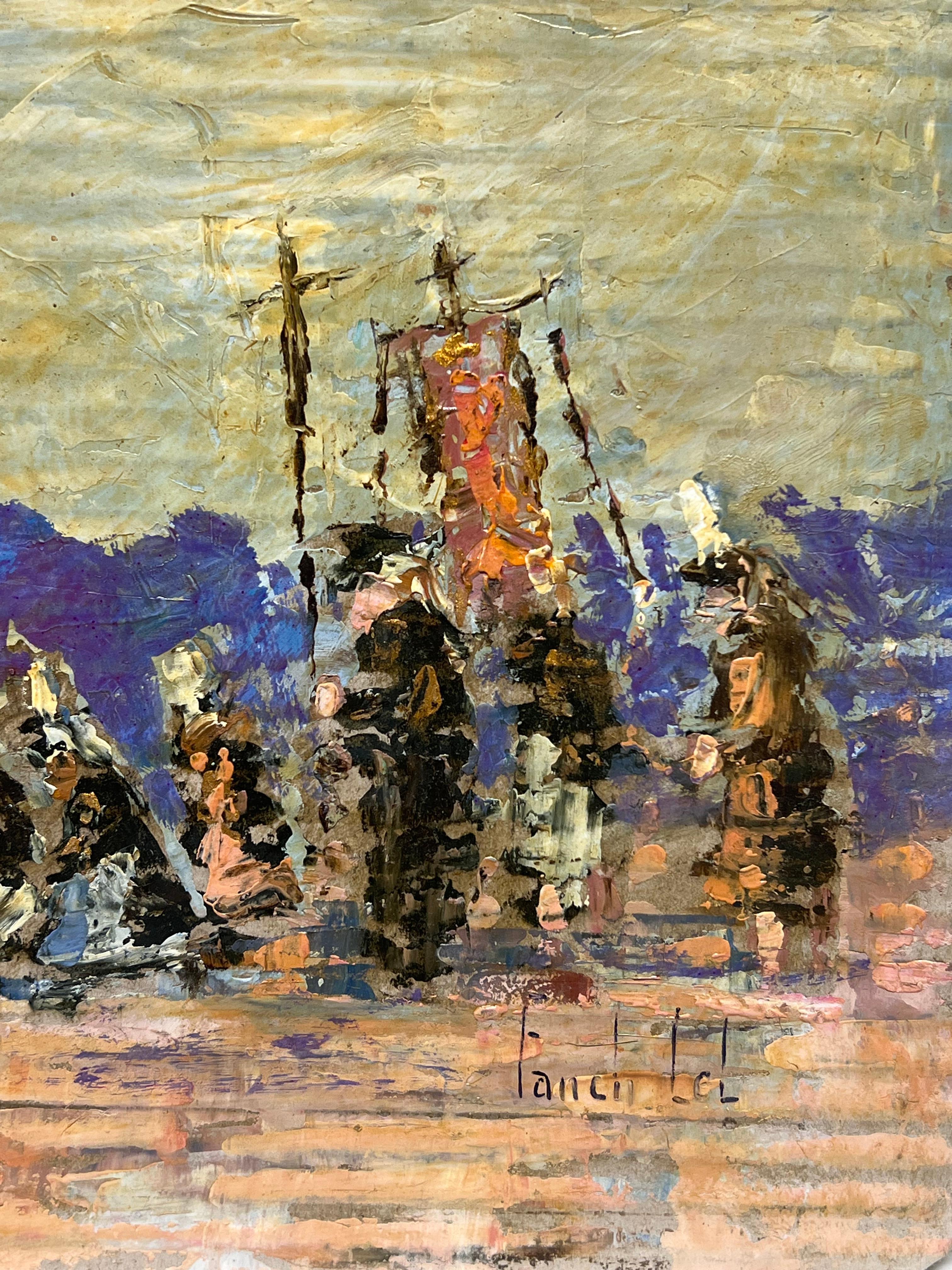 Impresionista francés Vibrante procesión religiosa ante una capilla histórica - Figurative Painting Marrón de Fanch Lel