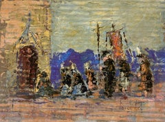 French Impressionist Vibrant Religious Procession Outside a Historic Chapel