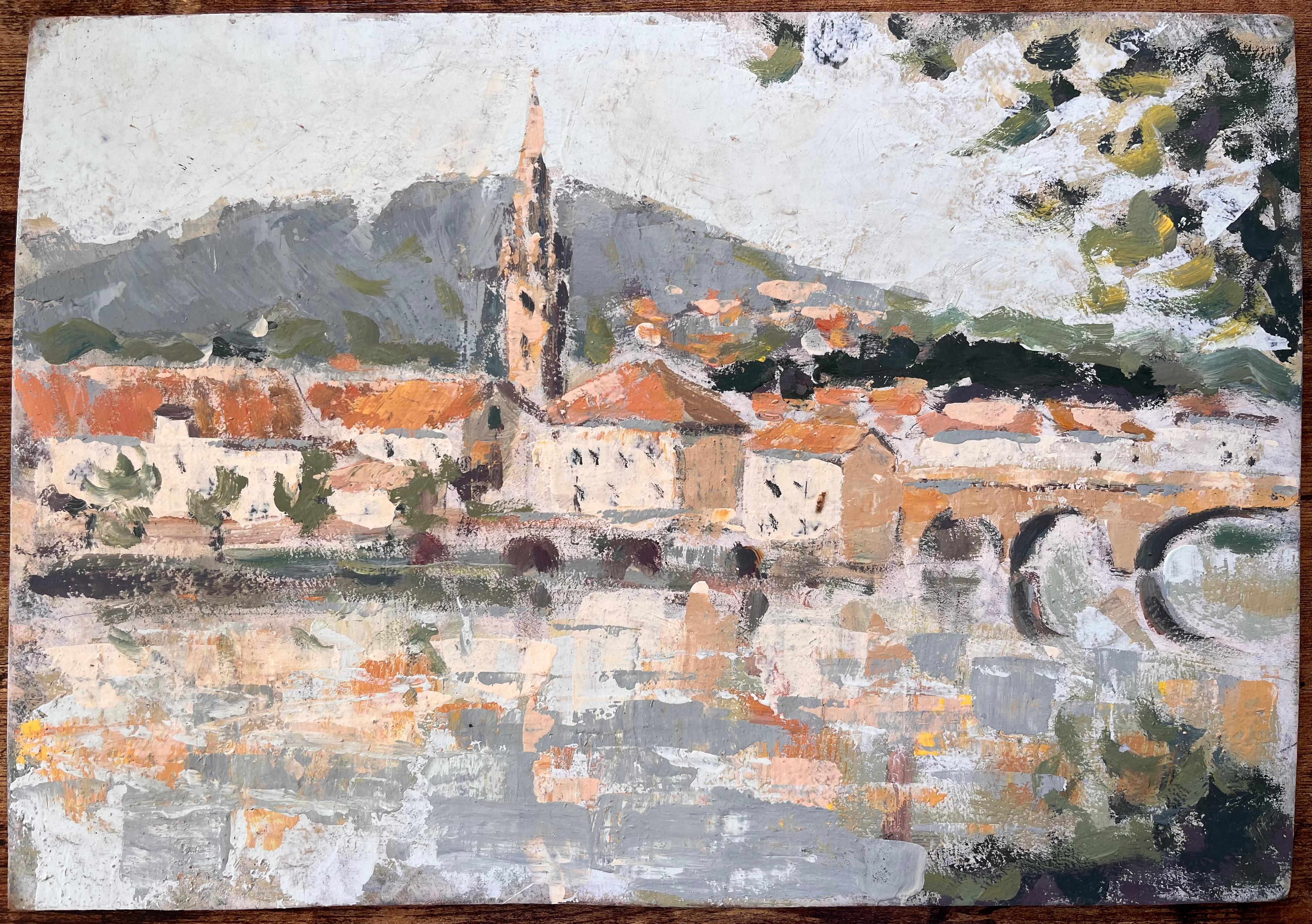 Village et église impressionniste français avec reflets de pont - Painting de Fanch Lel
