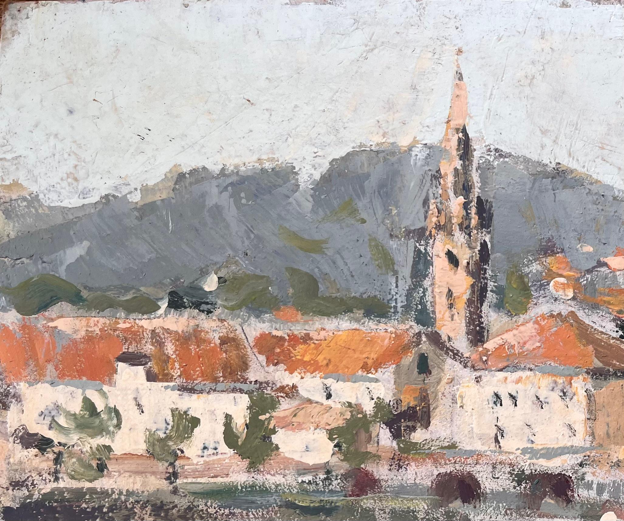 Village et église impressionniste français avec reflets de pont - Impressionnisme Painting par Fanch Lel