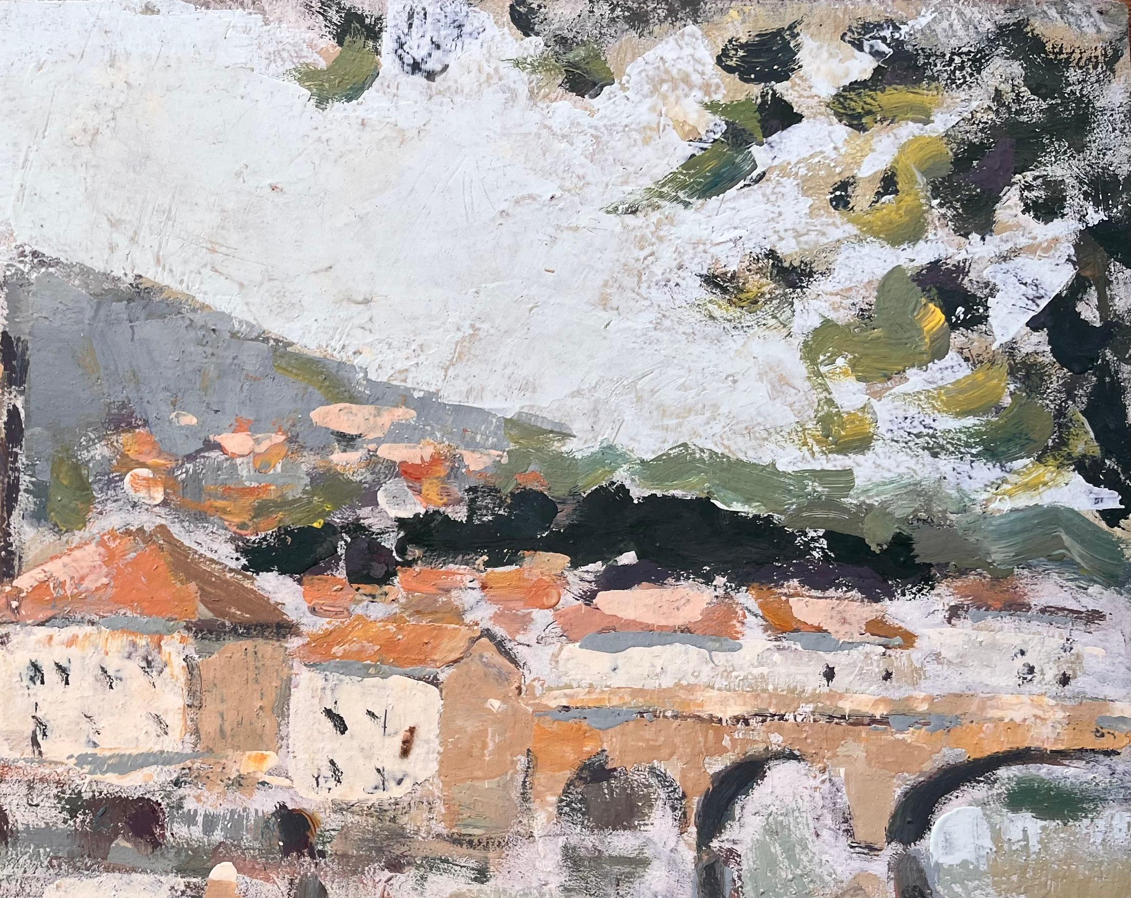 Village et église impressionniste français avec reflets de pont - Gris Abstract Painting par Fanch Lel