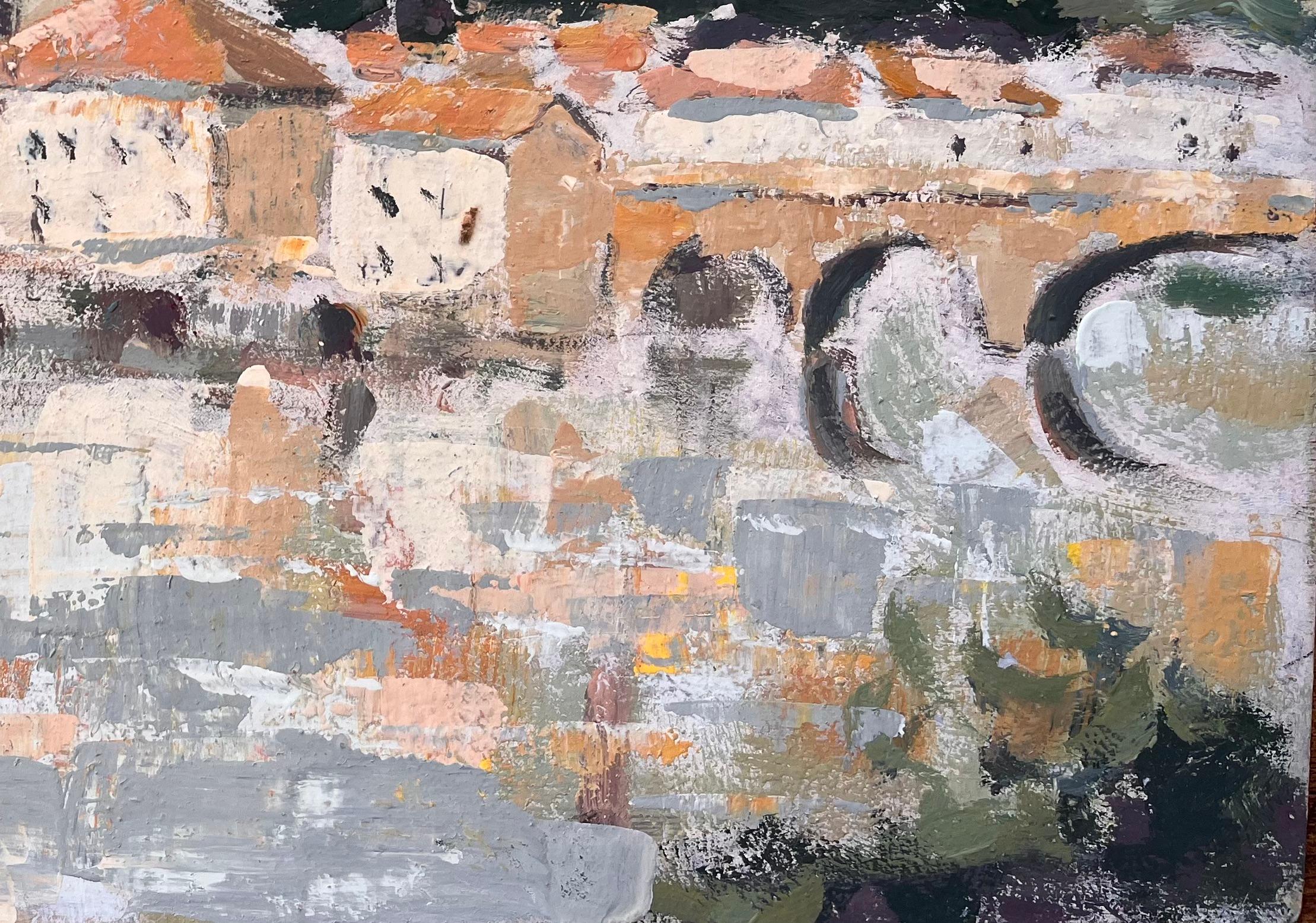 Titre : Village impressionniste français et église avec reflets de pont
Par Fanch Lel
Taille : 11.25 x 16.25 pouces (hauteur x largeur)
Peinture à l'huile sur carton, non encadrée
Condit : La peinture est en bon état, avec une texture expressive sur
