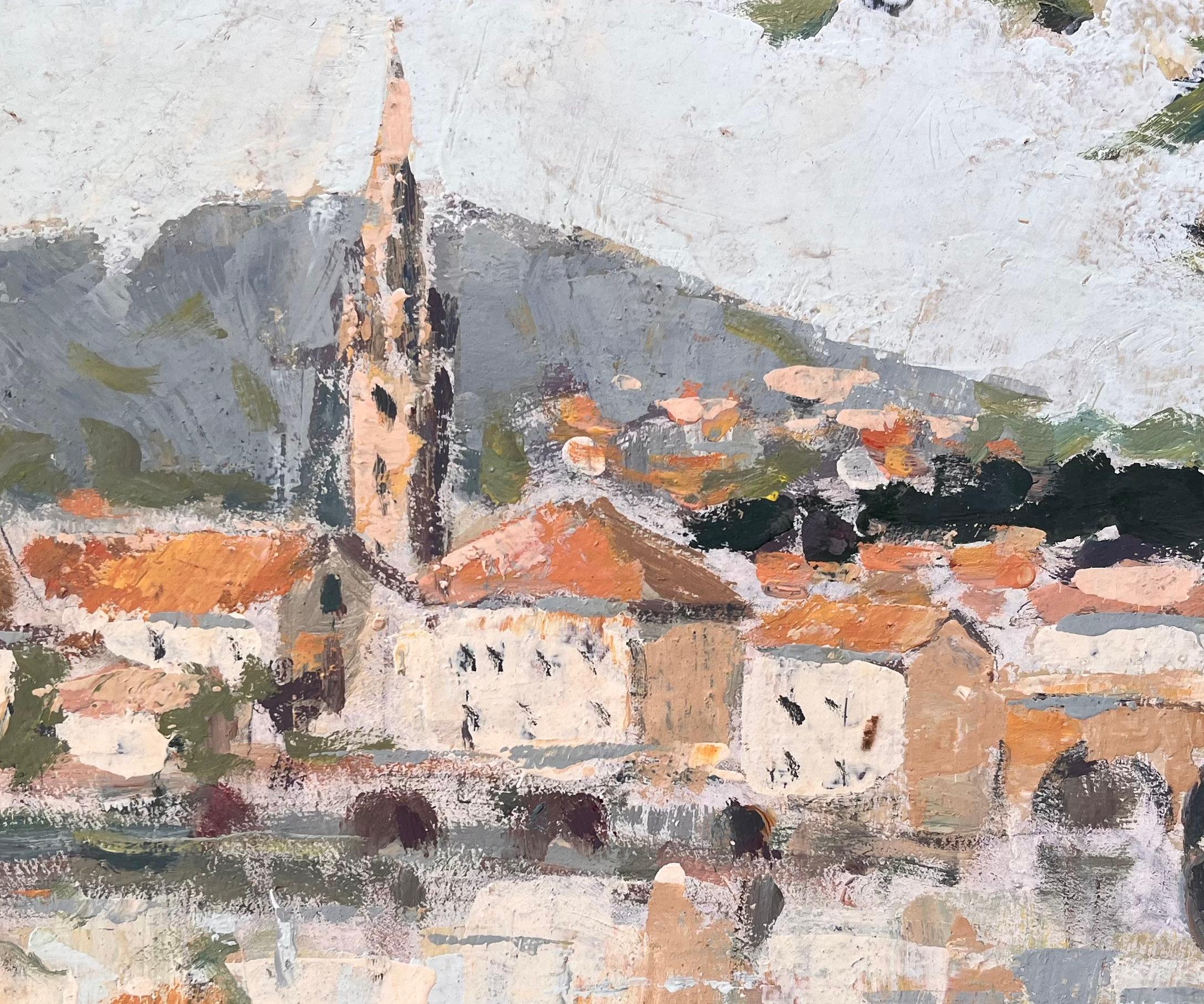 Village et église impressionniste français avec reflets de pont en vente 2
