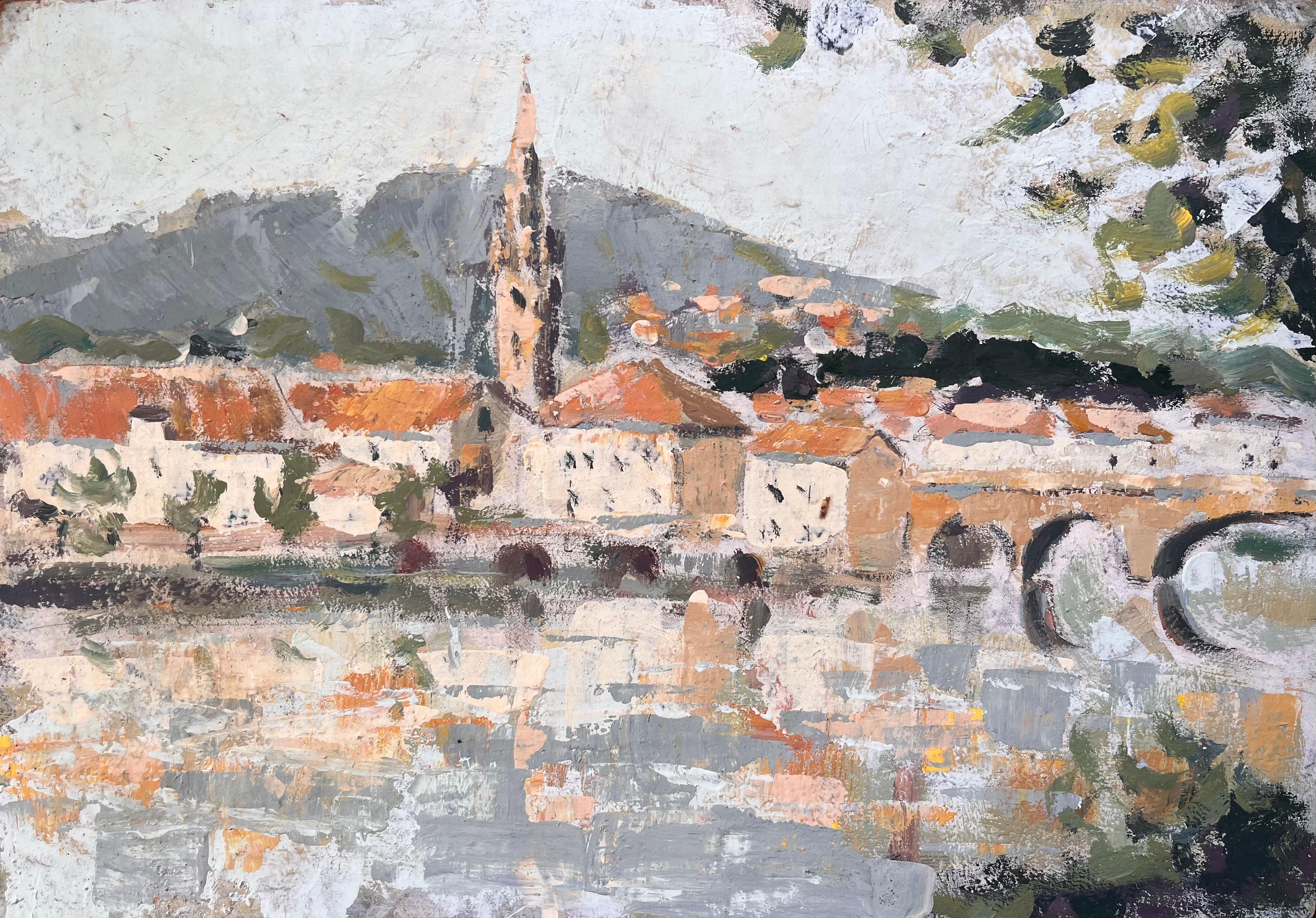 Village et église impressionniste français avec reflets de pont