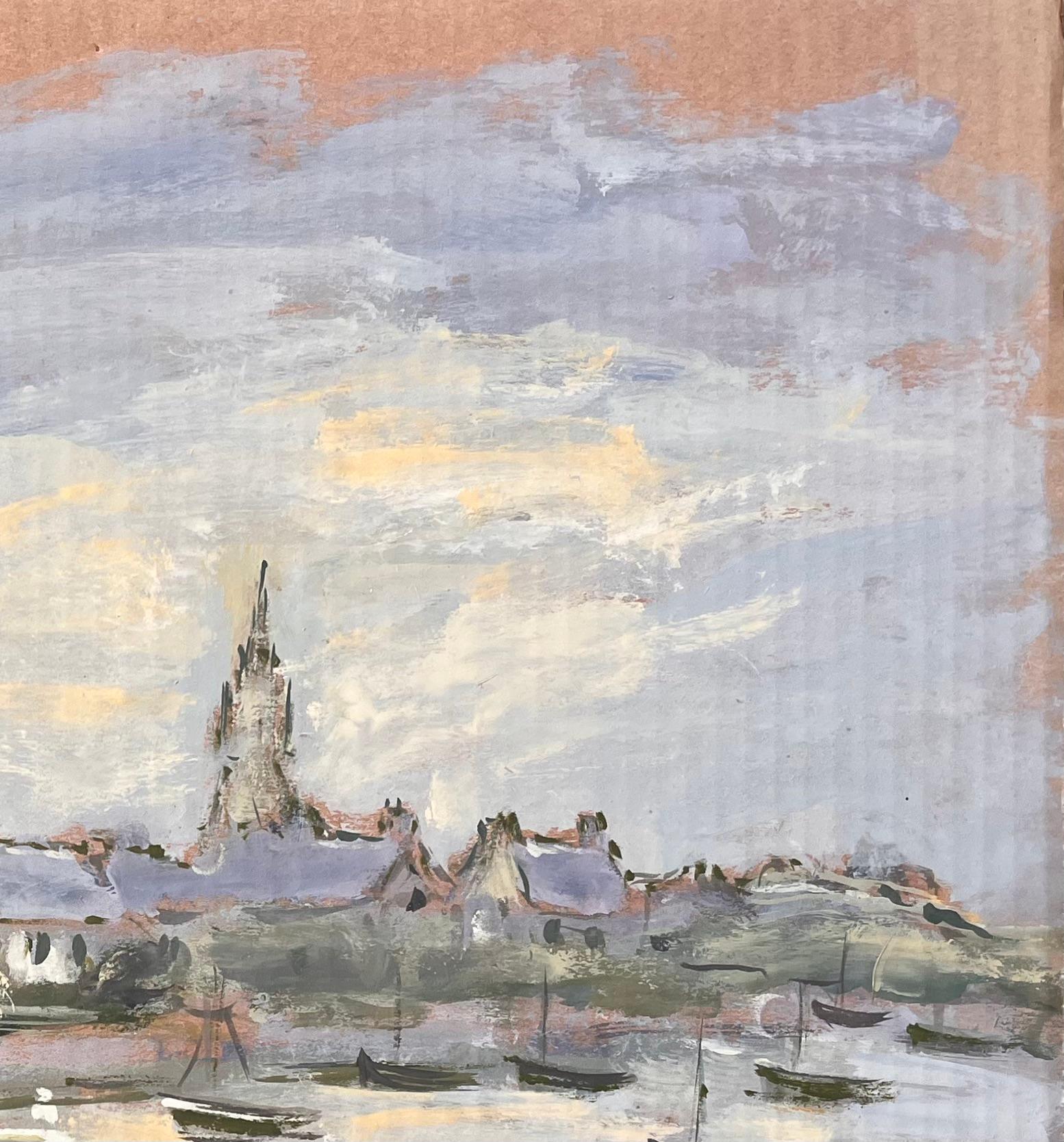 Französischer impressionistischer Dorfhafen mit Booten in der Abenddämmerung by Fanch Lel im Angebot 1