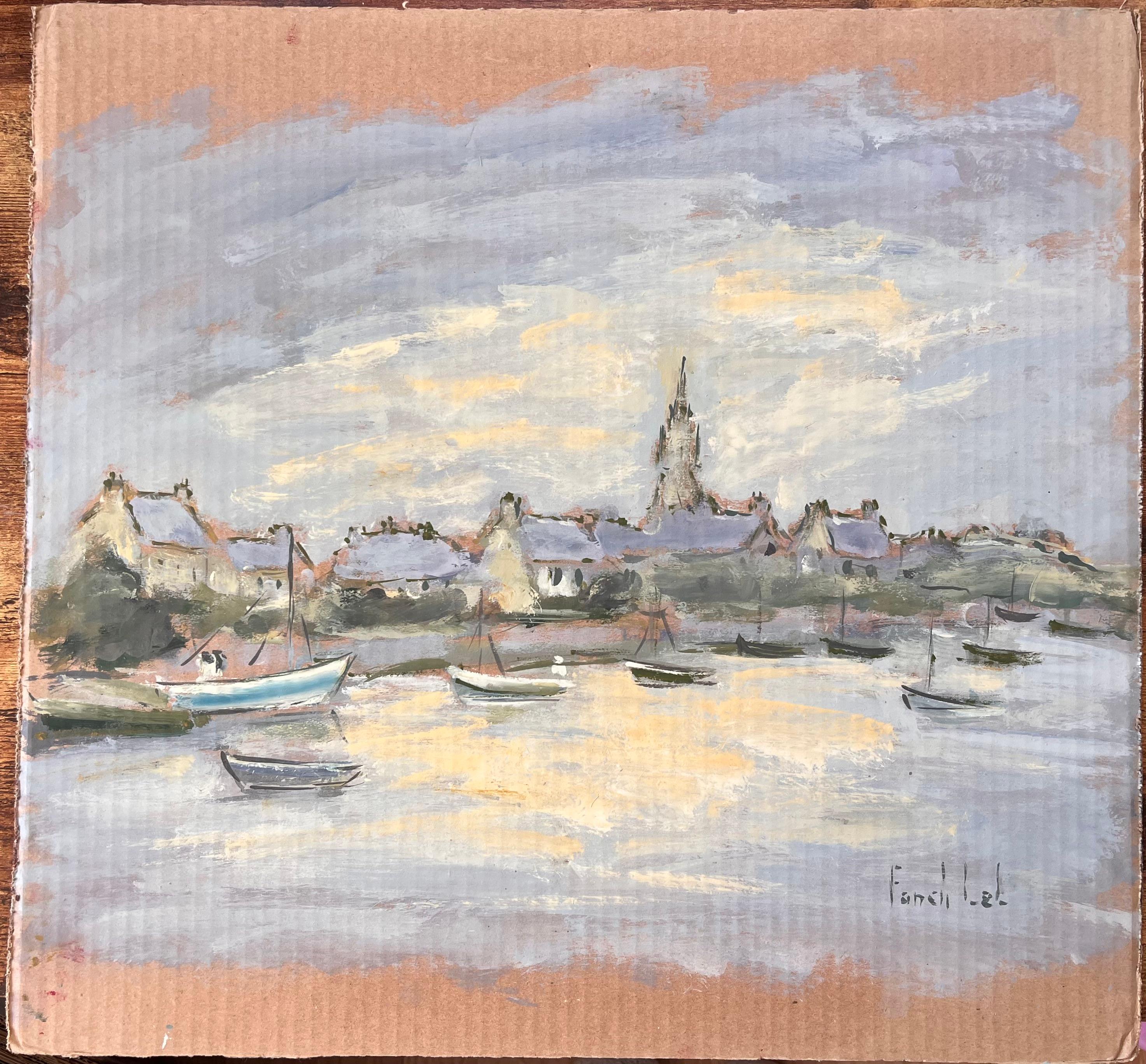Französischer impressionistischer Dorfhafen mit Booten in der Abenddämmerung by Fanch Lel im Angebot 2