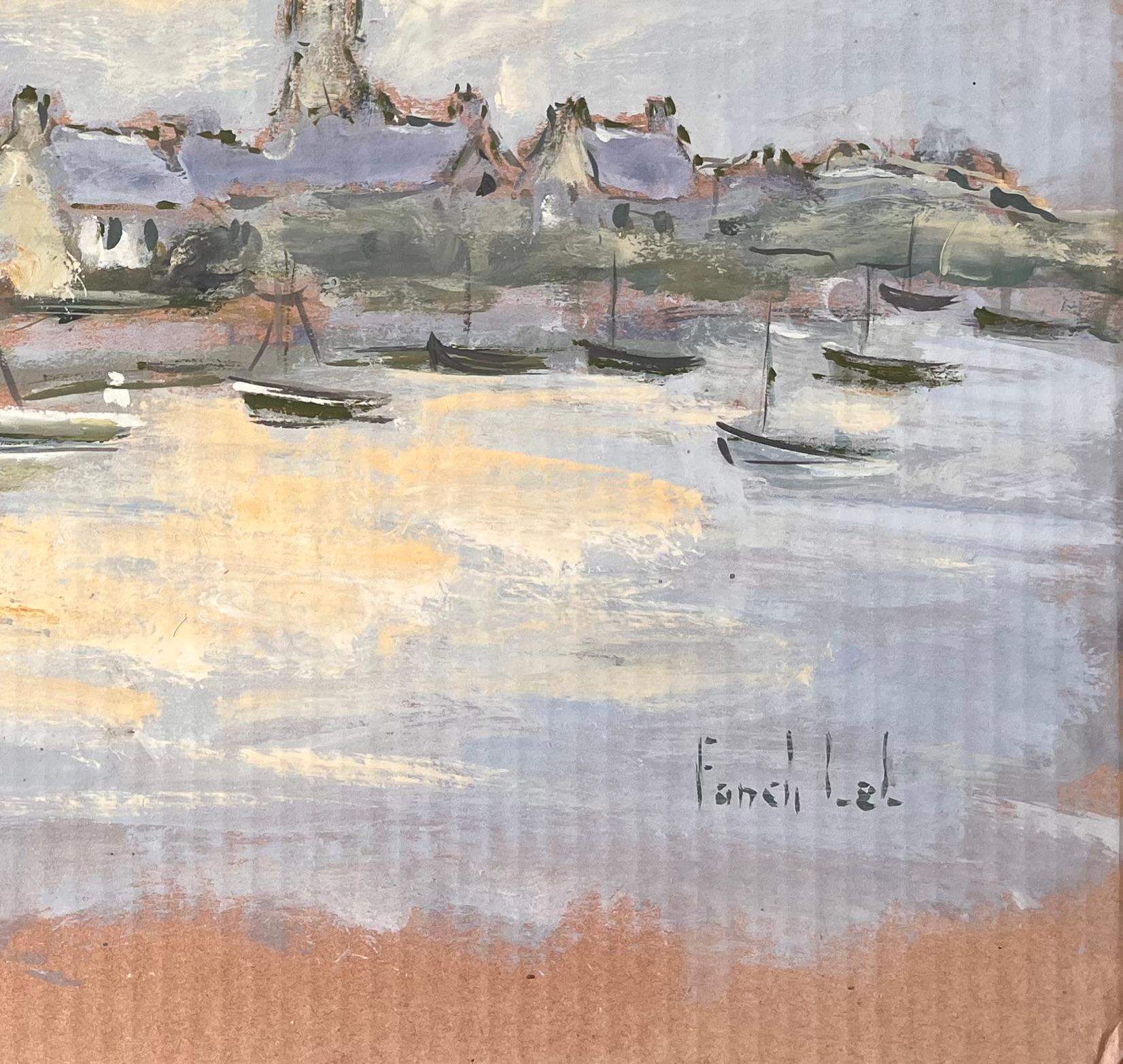 Französischer impressionistischer Dorfhafen mit Booten in der Abenddämmerung by Fanch Lel im Angebot 3