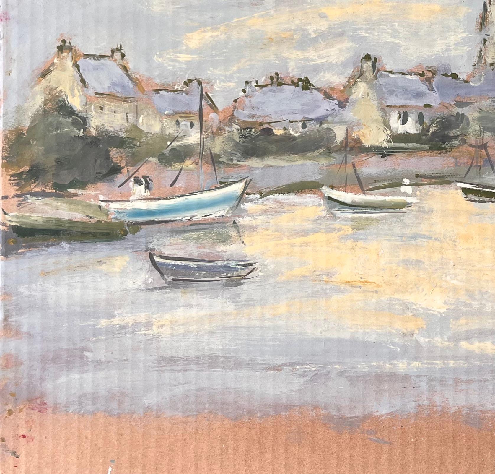Französischer impressionistischer Dorfhafen mit Booten in der Abenddämmerung by Fanch Lel im Angebot 5