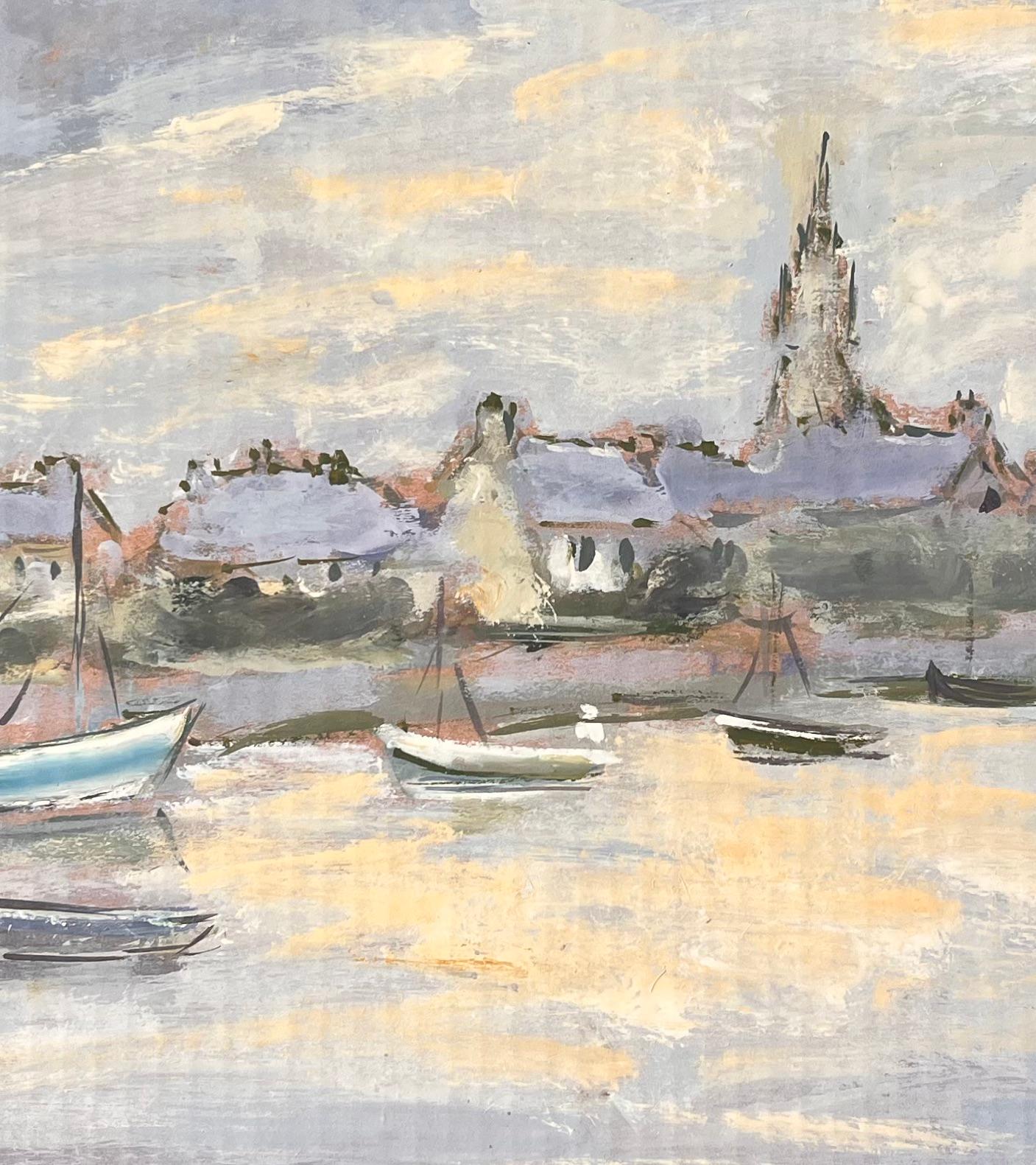 Französischer impressionistischer Dorfhafen mit Booten in der Abenddämmerung by Fanch Lel im Angebot 6