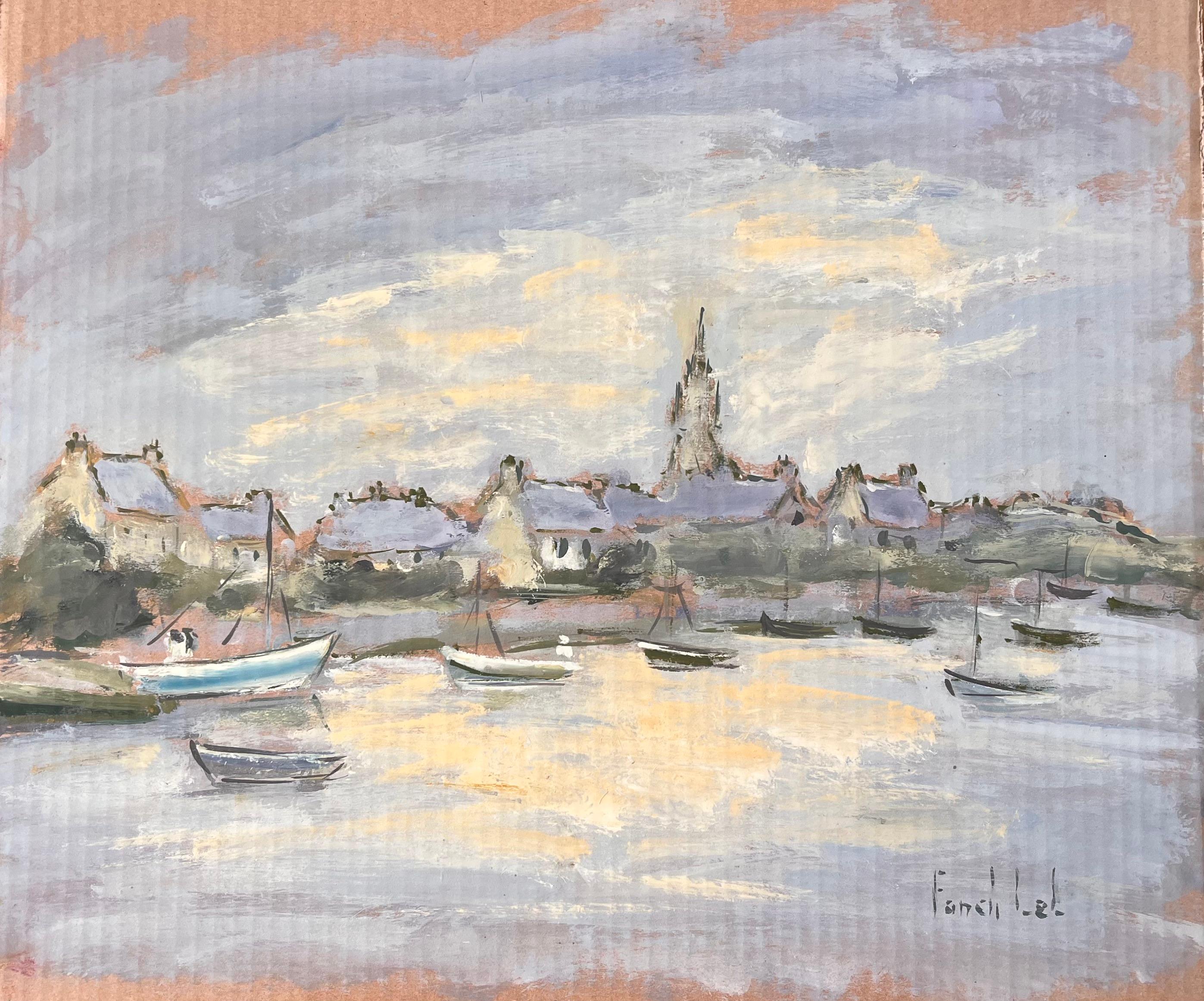 Französischer impressionistischer Dorfhafen mit Booten in der Abenddämmerung by Fanch Lel
