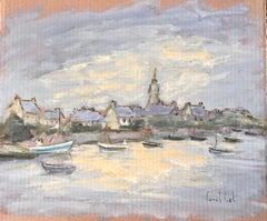 French Impressionist Village Harbour with Boats at Dusk by Fanch Lel